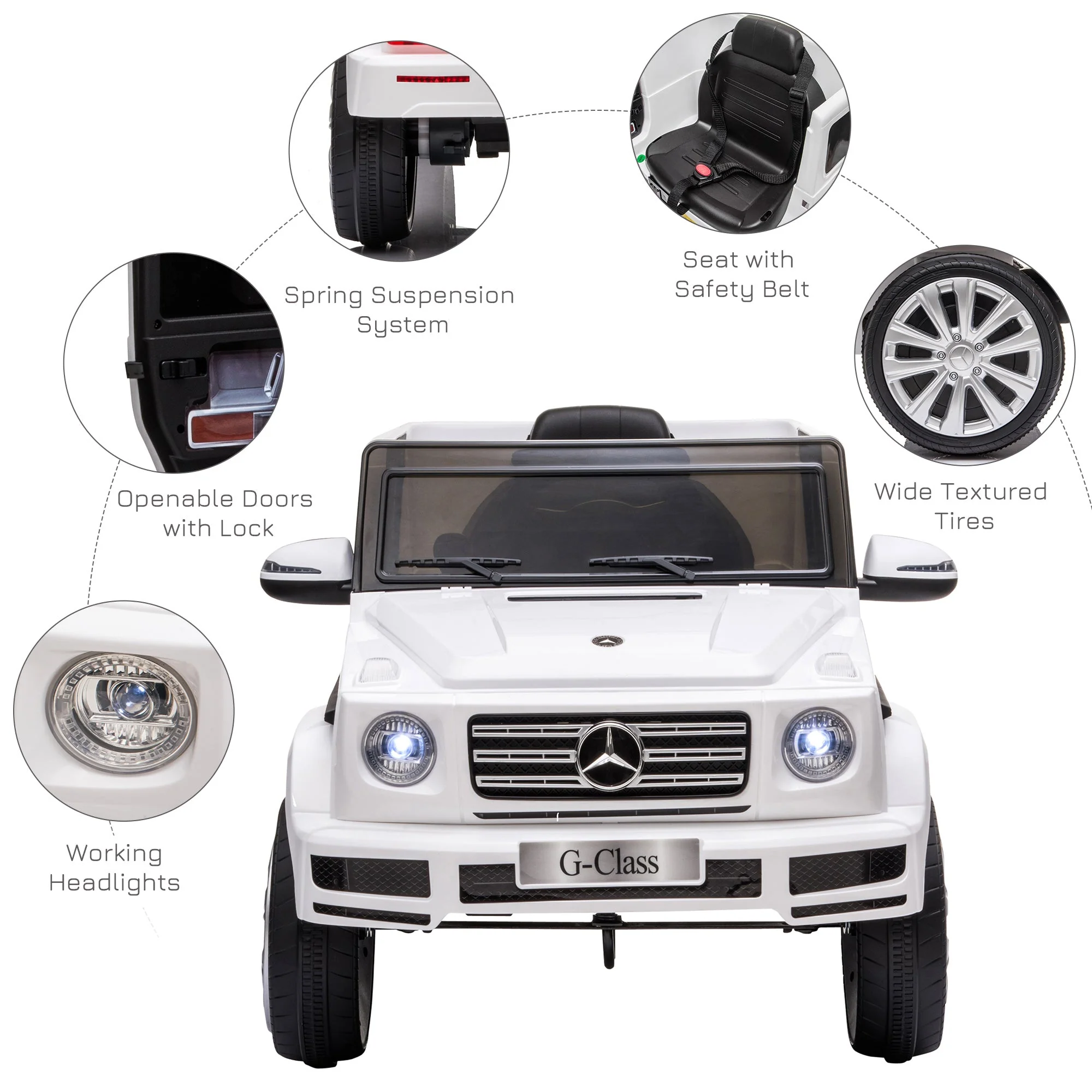 Homcom Compatible 12V Battery-powered 2 Motors Kids Electric Ride On Car Mercedes Benz G500 Toy with Parental Remote Control Music Lights MP3 Suspension Wheels for 3-8 Years Old White - Image 7