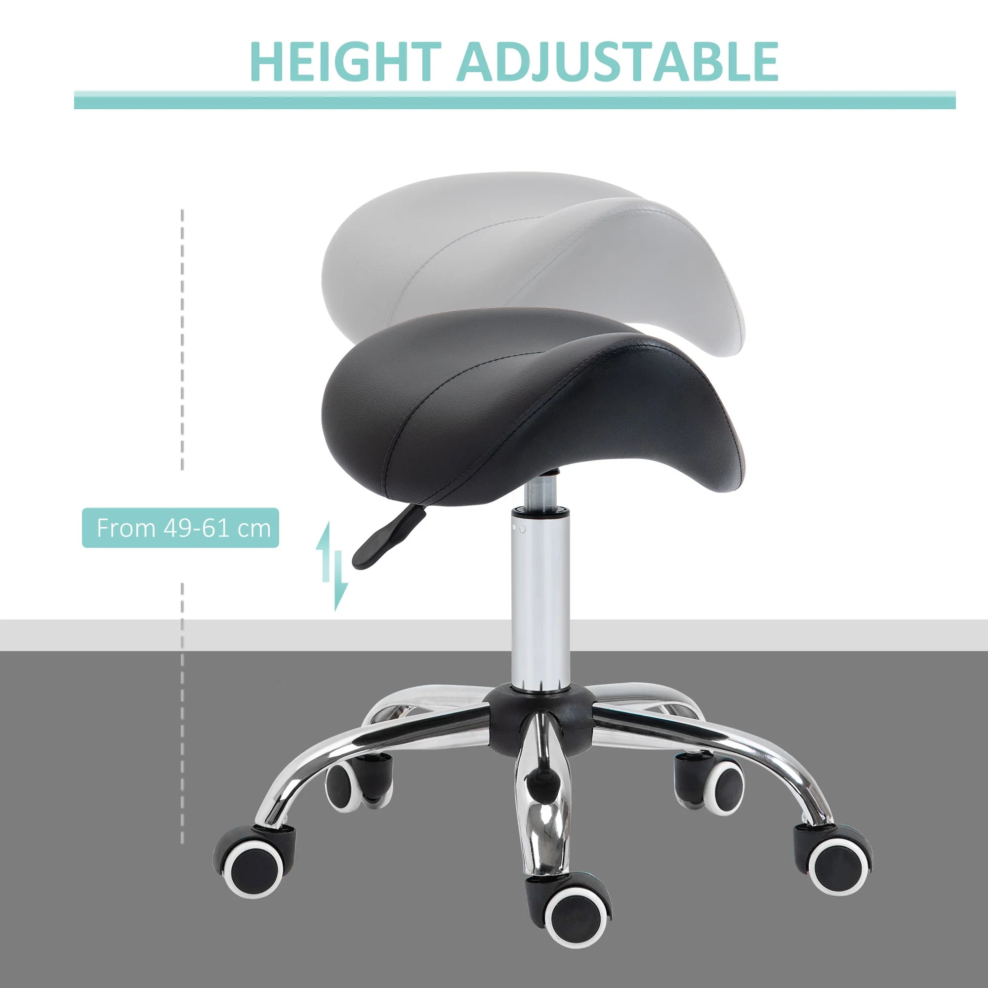 Homcom Cosmetic Stool 360 Rotate Height Adjustable Salon Massage Spa Chair Hydraulic Rolling Faux Leather Saddle Stool Mobility - Black - Image 3