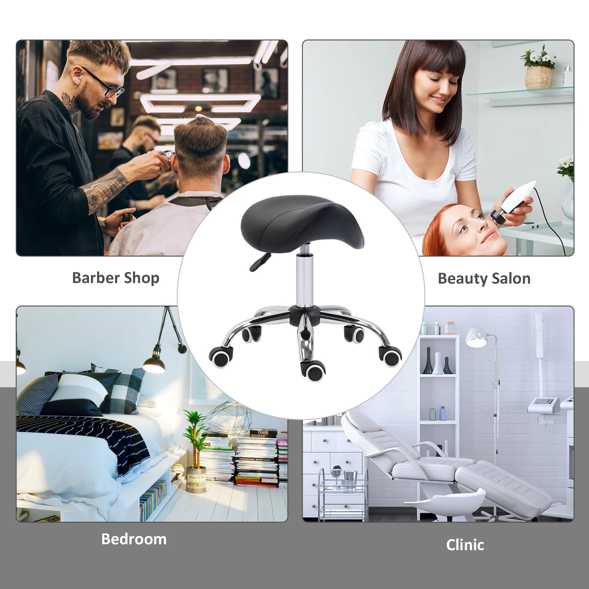 Homcom Cosmetic Stool 360 Rotate Height Adjustable Salon Massage Spa Chair Hydraulic Rolling Faux Leather Saddle Stool Mobility - Black - Image 4
