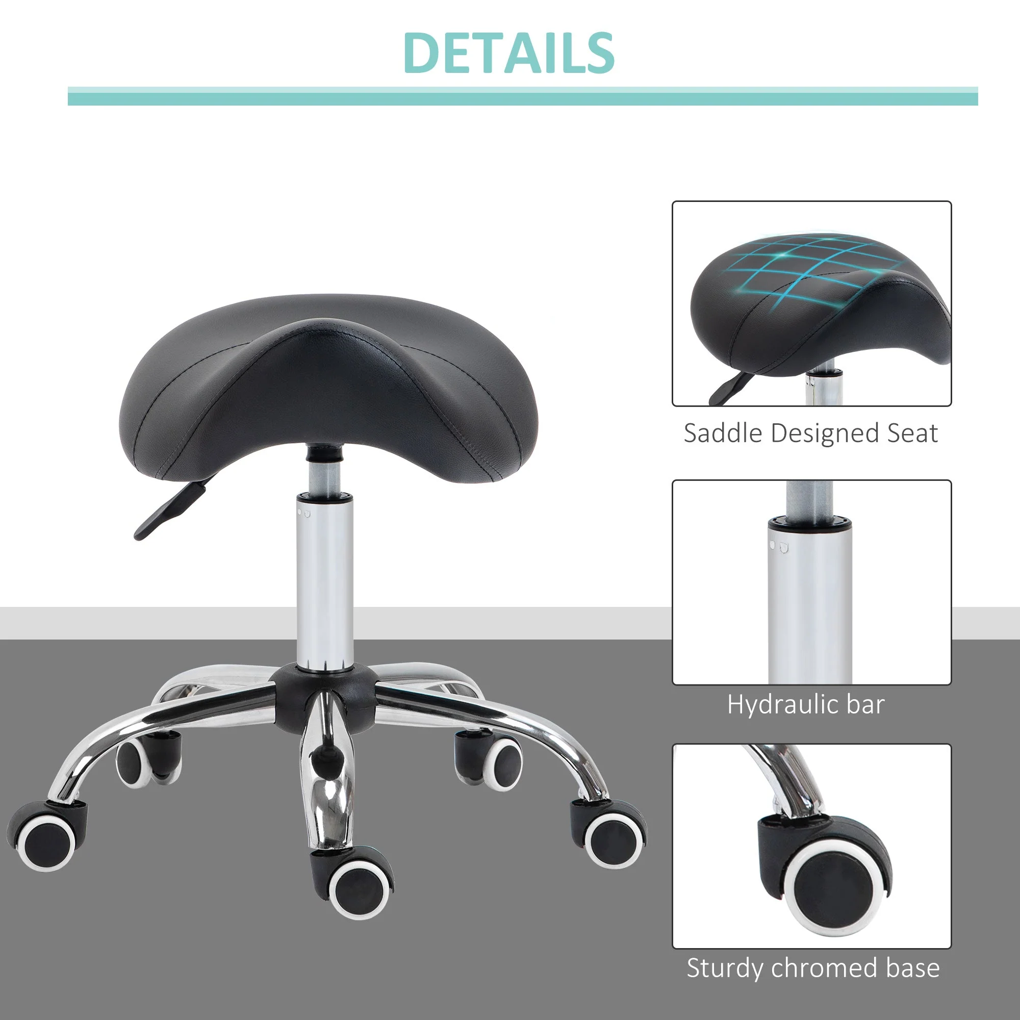 Homcom Cosmetic Stool 360 Rotate Height Adjustable Salon Massage Spa Chair Hydraulic Rolling Faux Leather Saddle Stool Mobility - Black - Image 5