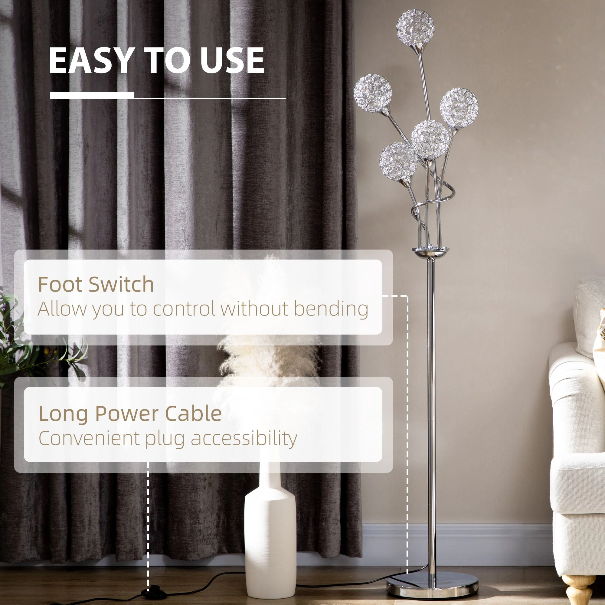 Homcom Crystal Floor Lamps for Living Room Bedroom with 5 Light - Image 3