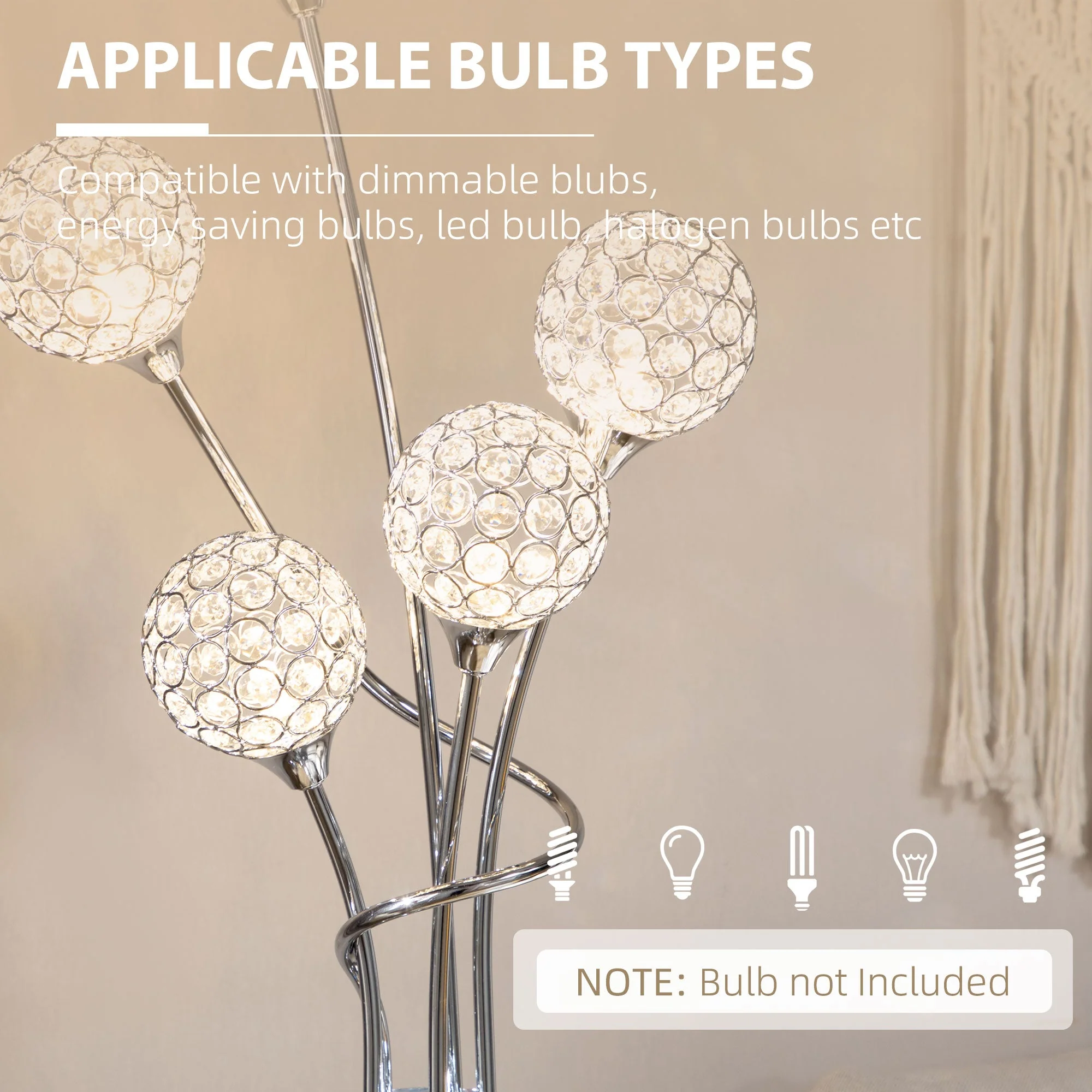 Homcom Crystal Floor Lamps for Living Room Bedroom with 5 Light - Image 4