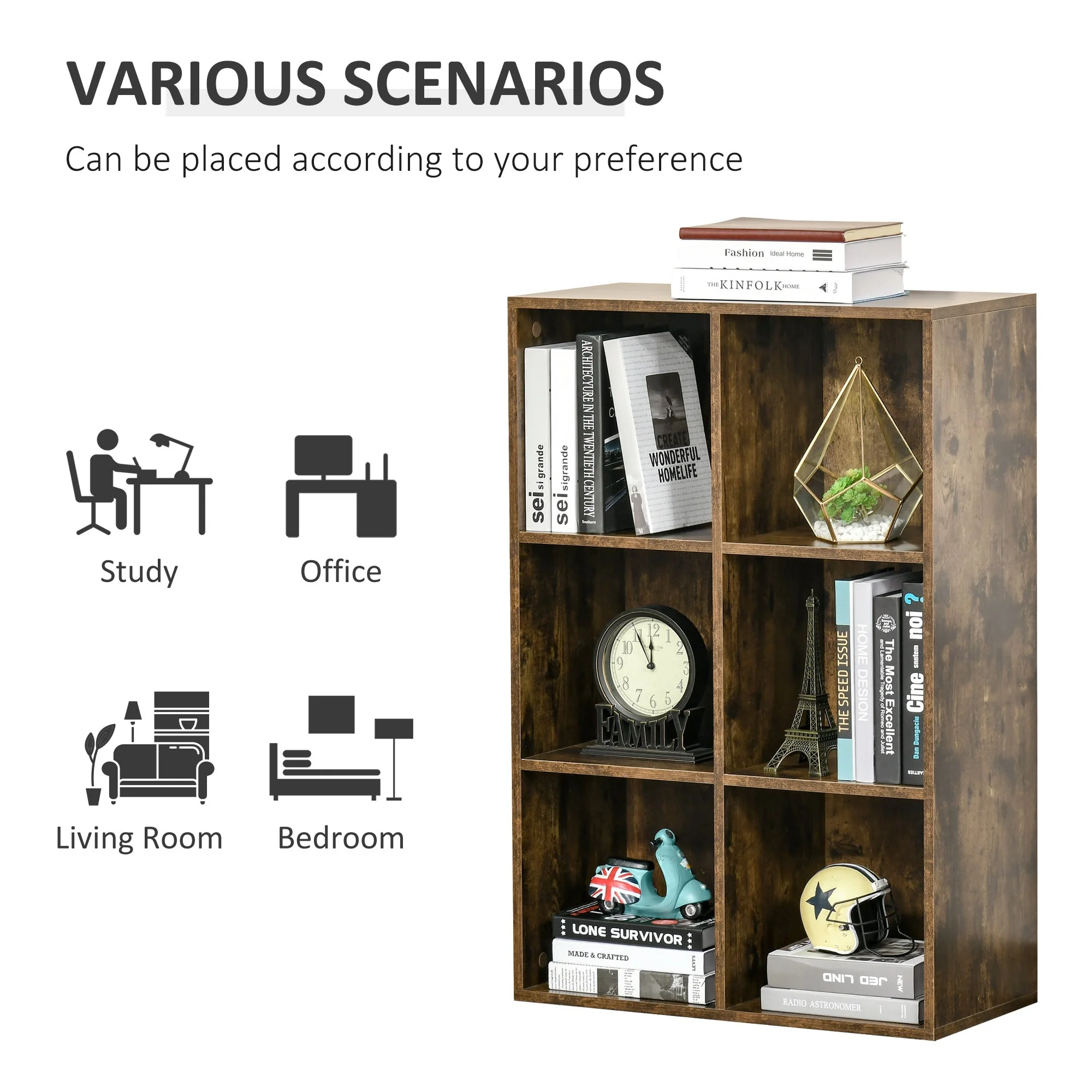 Homcom Cubic Cabinet Bookcase Shelves Storage Display For Study Living Room Home Office Rustic Brown - Image 6