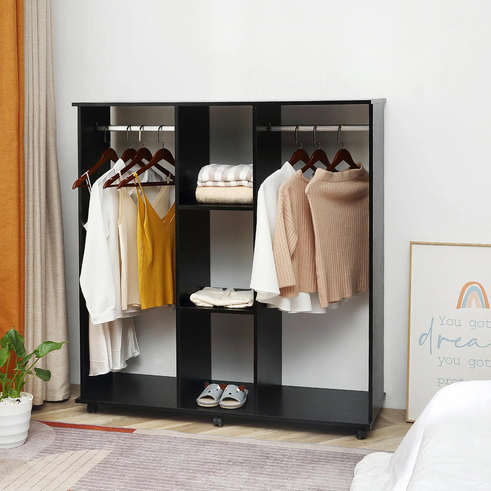 Homcom Double Mobile Open Wardrobe With Clothes Hanging Rails Storage Shelves Organizer Bedroom Furniture - Black - Image 2