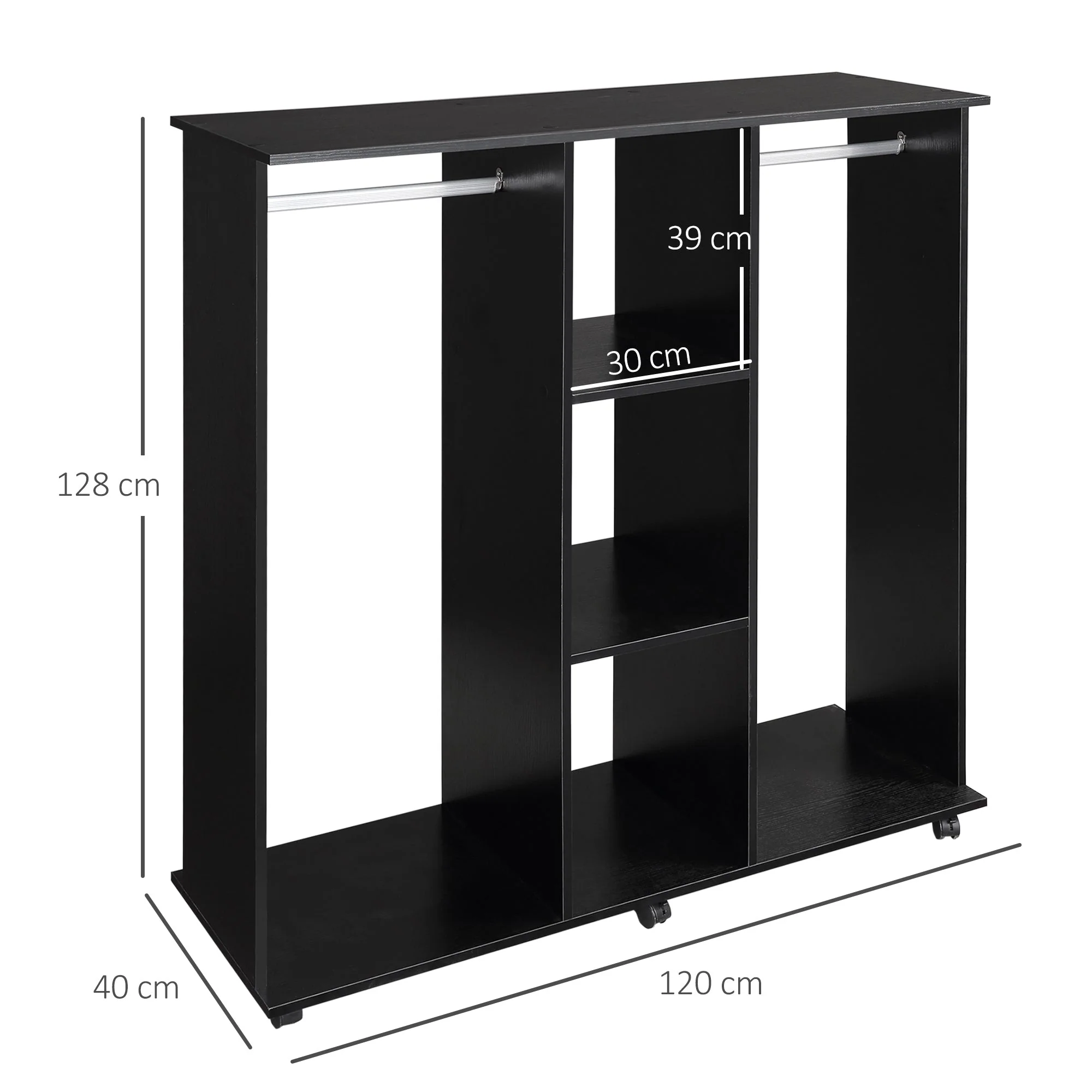 Homcom Double Mobile Open Wardrobe With Clothes Hanging Rails Storage Shelves Organizer Bedroom Furniture - Black - Image 3