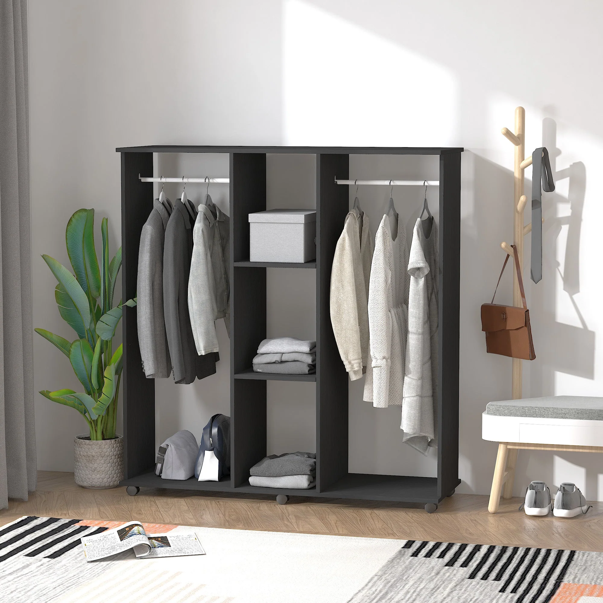 Homcom Double Mobile Open Wardrobe With Clothes Hanging Rails Storage Shelves Organizer Bedroom Furniture - Black - Image 7