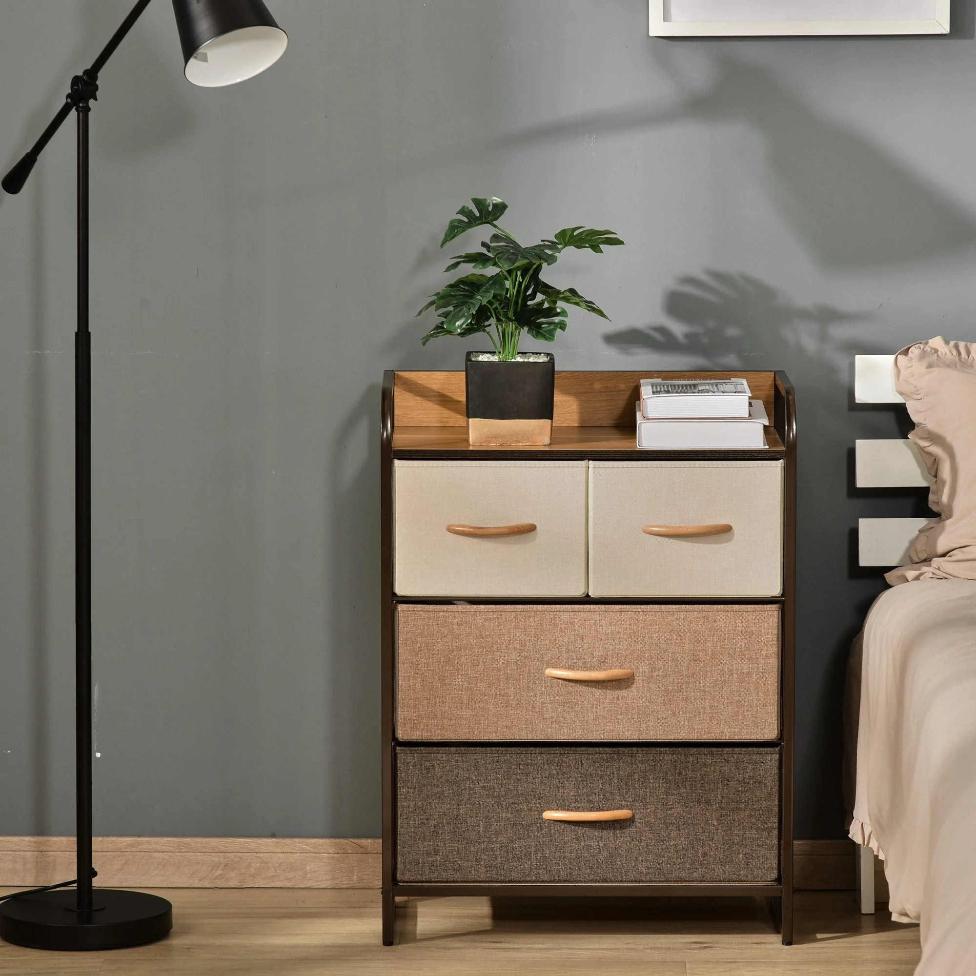 Homcom Drawers Storage Tower Dresser With Wood Top Steel Frame Folding Organizer - Image 2