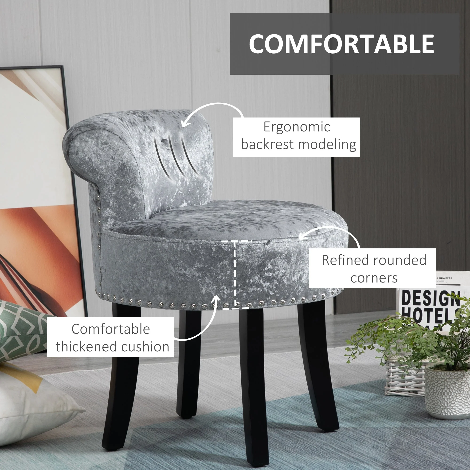 Homcom Dressing Table Stool with Rubber Wood Legs - Image 4