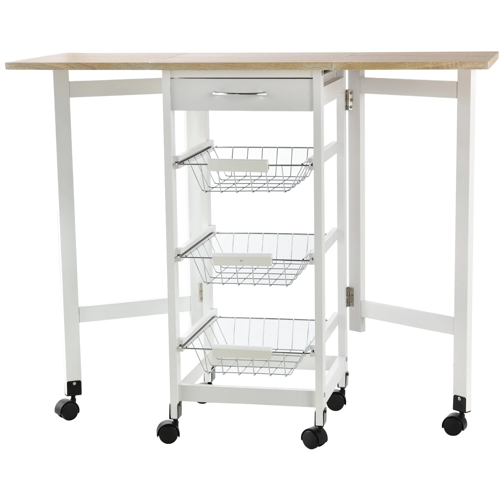 Homcom Drop-Leaf Kitchen Cart Trolley w/ 3 Baskets Drawer Surface Top 6 Universal Wheels Rolling Storage Unit Kitchen Home Dining Island White Oak Tone - Image 2