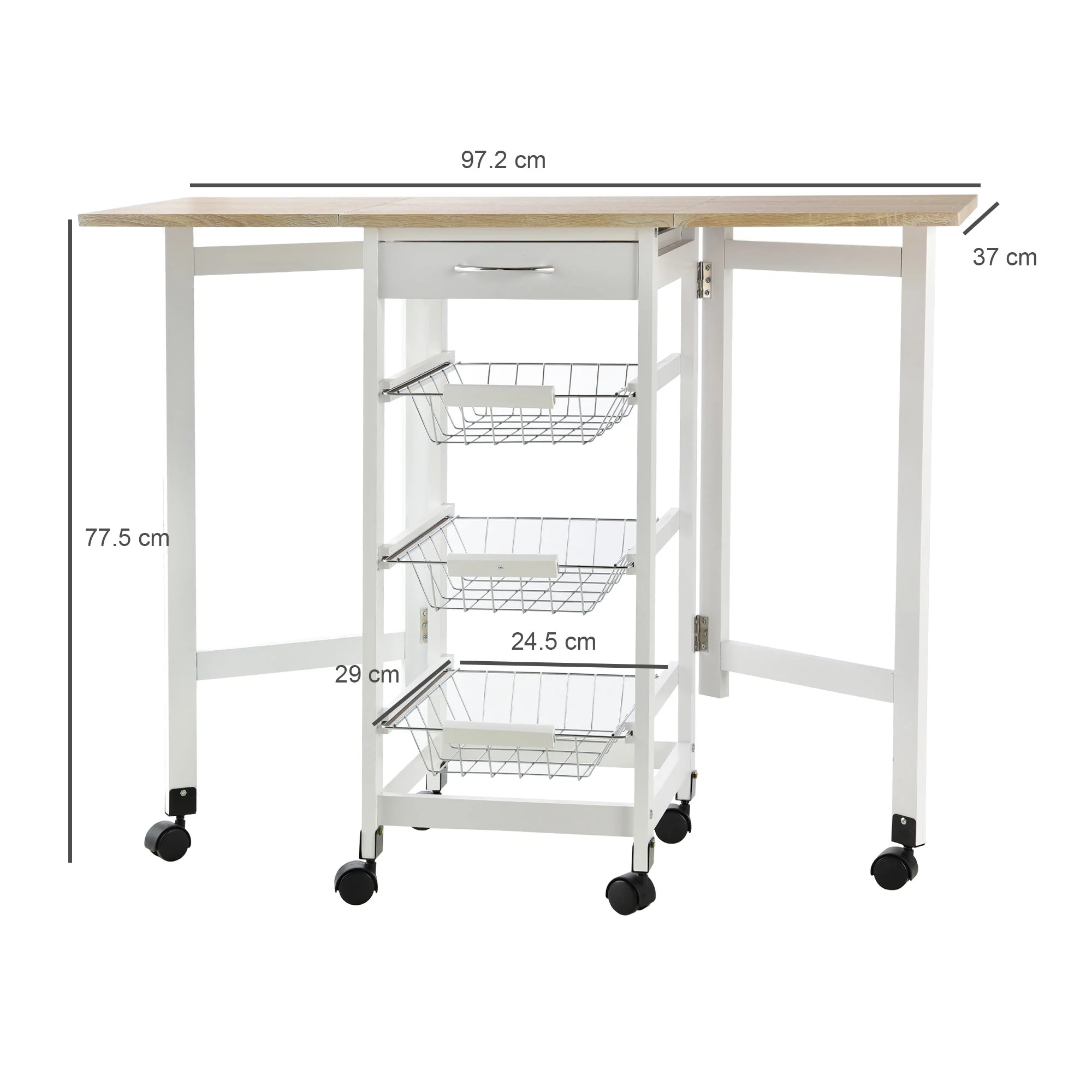Homcom Drop-Leaf Kitchen Cart Trolley w/ 3 Baskets Drawer Surface Top 6 Universal Wheels Rolling Storage Unit Kitchen Home Dining Island White Oak Tone - Image 3