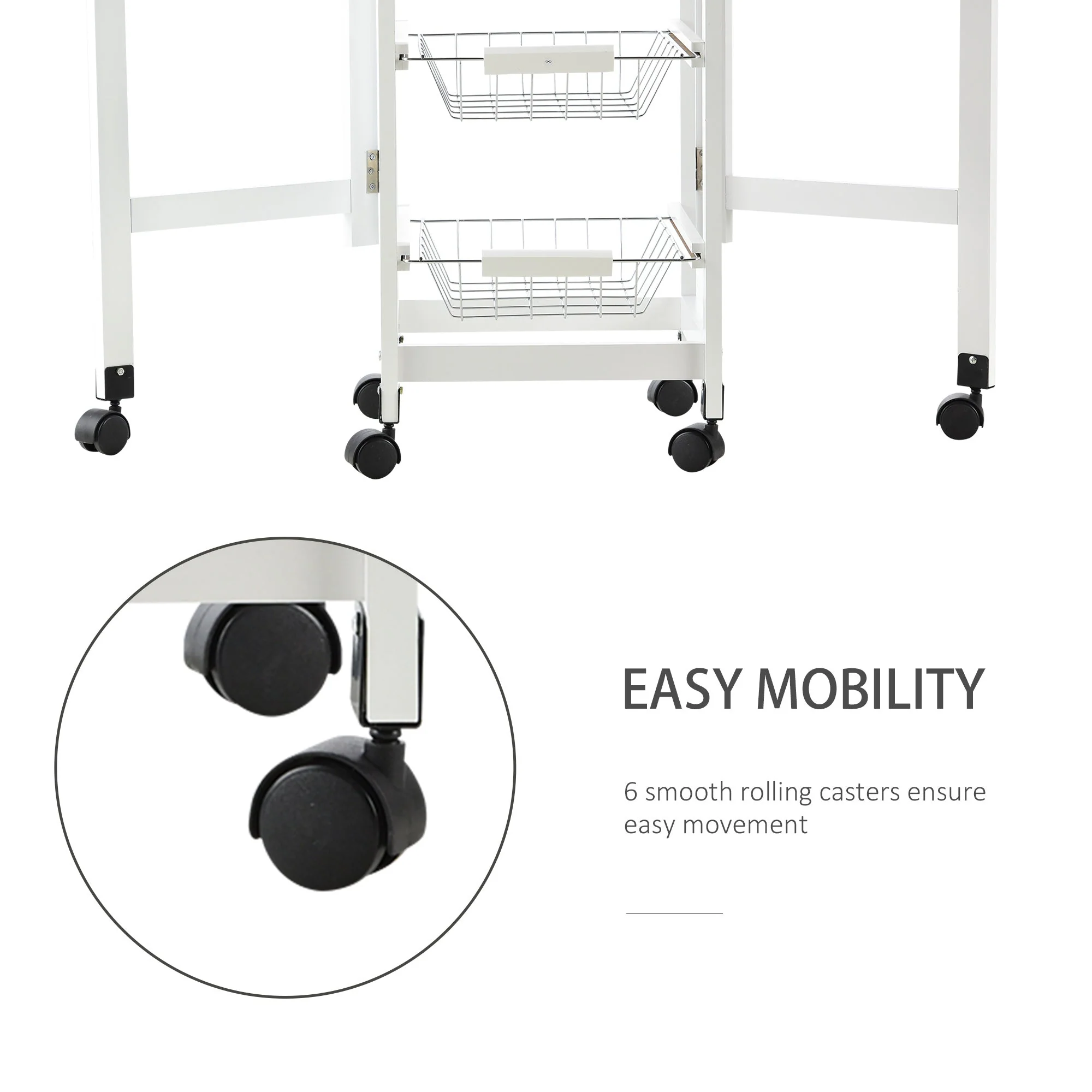 Homcom Drop-Leaf Kitchen Cart Trolley w/ 3 Baskets Drawer Surface Top 6 Universal Wheels Rolling Storage Unit Kitchen Home Dining Island White Oak Tone - Image 5