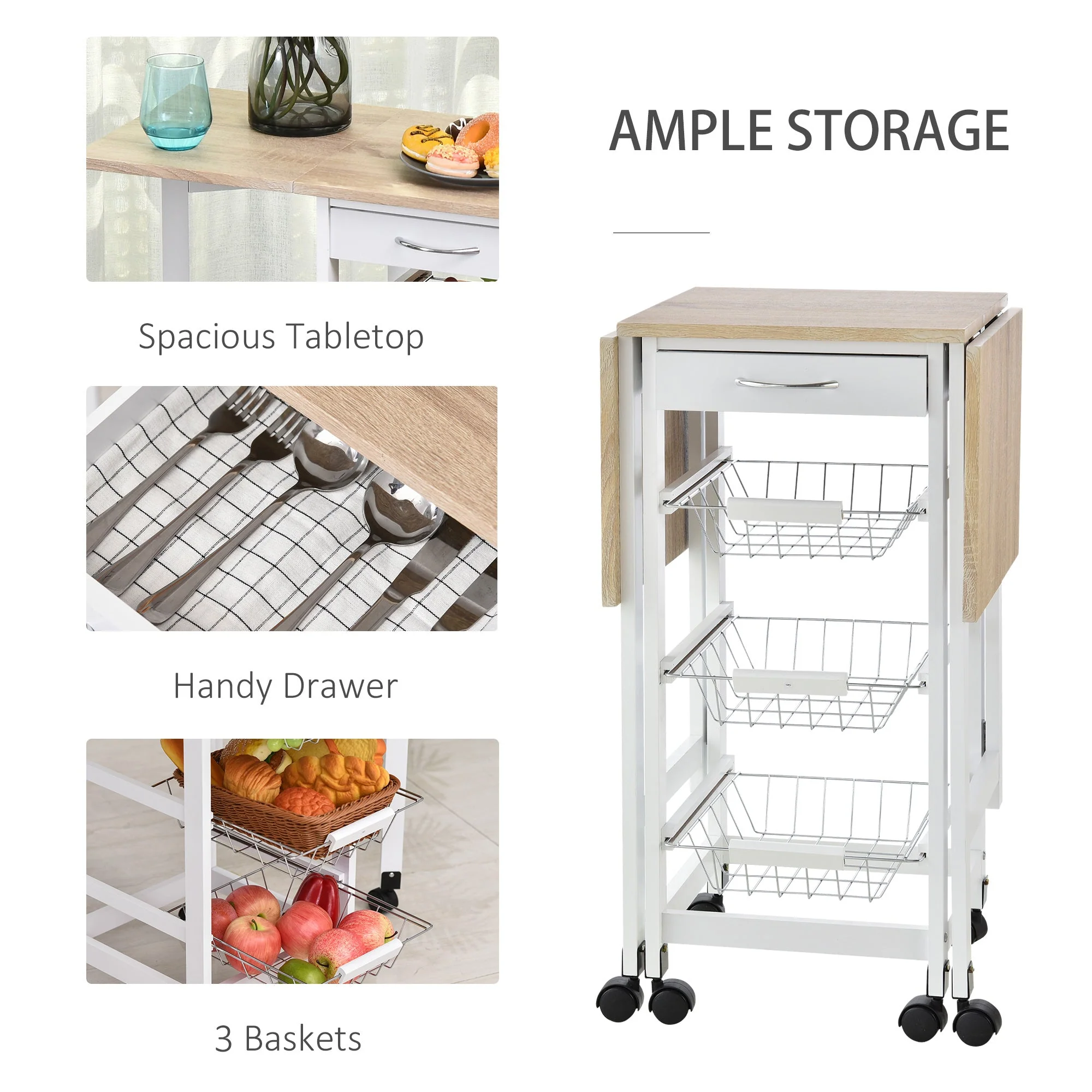 Homcom Drop-Leaf Kitchen Cart Trolley w/ 3 Baskets Drawer Surface Top 6 Universal Wheels Rolling Storage Unit Kitchen Home Dining Island White Oak Tone - Image 6