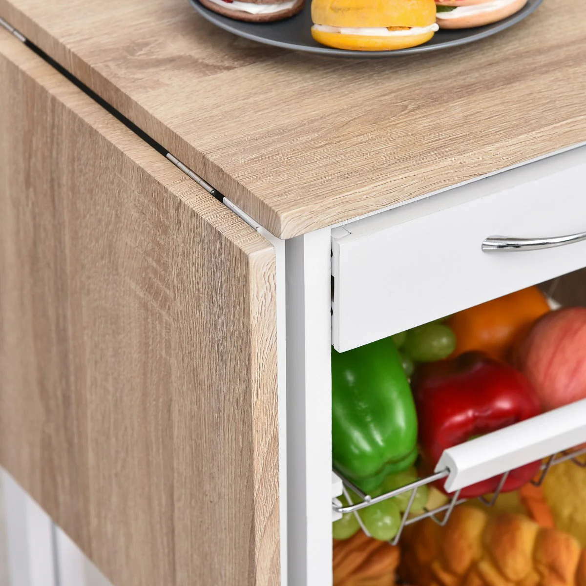 Homcom Drop-Leaf Kitchen Cart Trolley w/ 3 Baskets Drawer Surface Top 6 Universal Wheels Rolling Storage Unit Kitchen Home Dining Island White Oak Tone - Image 7