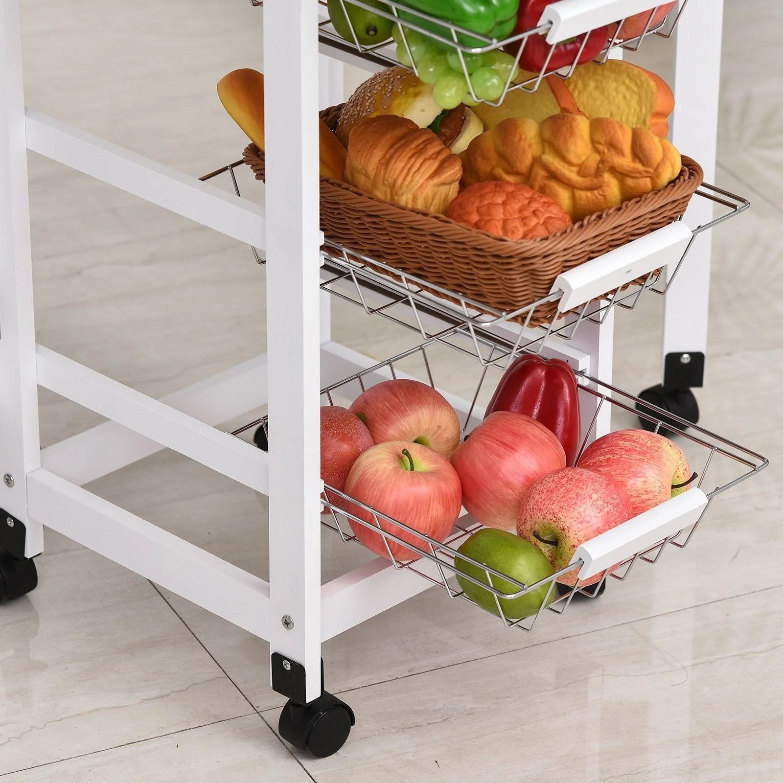Homcom Drop-Leaf Kitchen Cart Trolley w/ 3 Baskets Drawer Surface Top 6 Universal Wheels Rolling Storage Unit Kitchen Home Dining Island White Oak Tone - Image 8