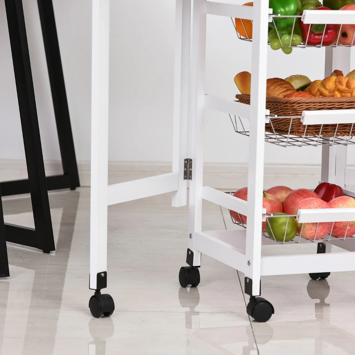 Homcom Drop-Leaf Kitchen Cart Trolley w/ 3 Baskets Drawer Surface Top 6 Universal Wheels Rolling Storage Unit Kitchen Home Dining Island White Oak Tone - Image 9