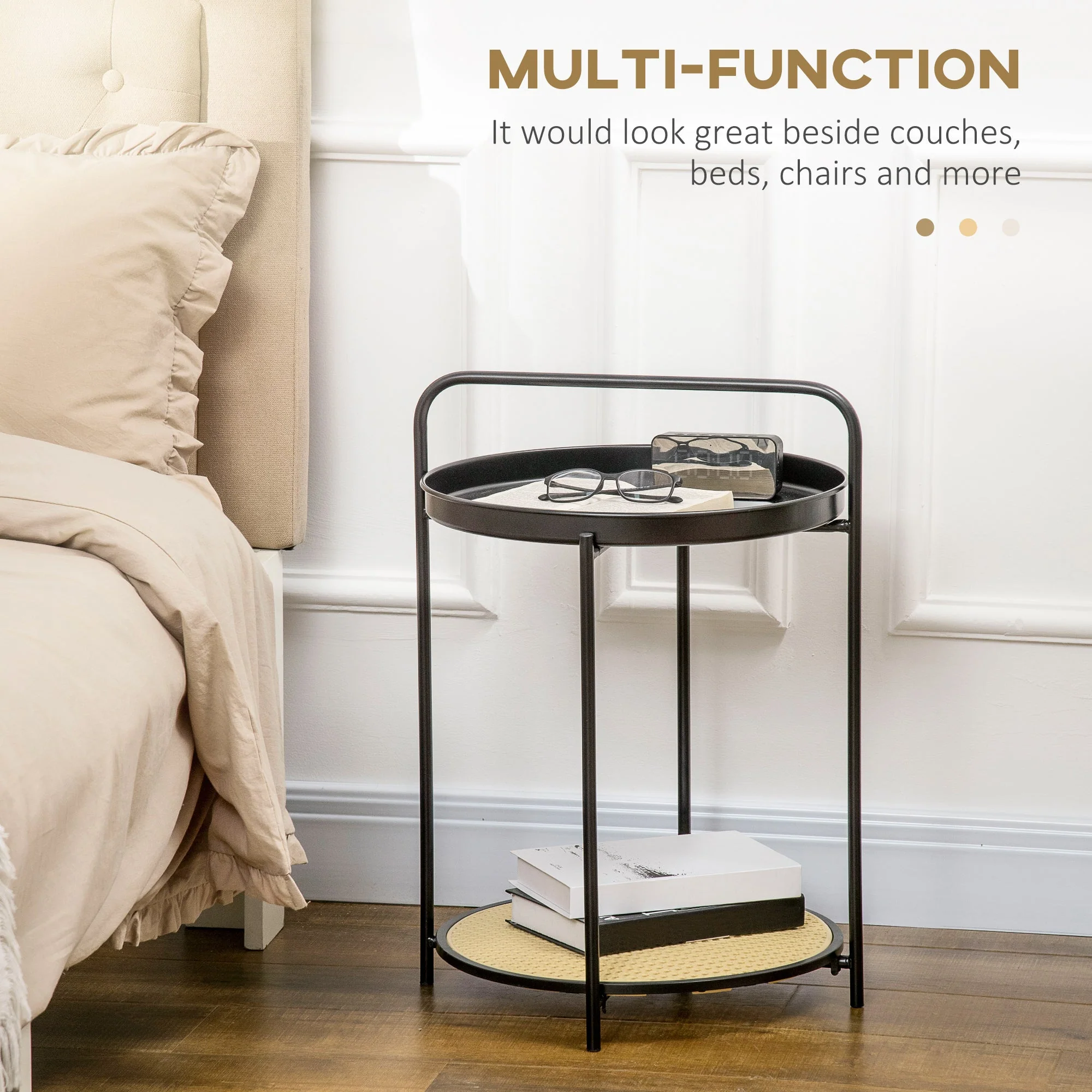 Homcom End Table 2-Tier Round Side Table With Detachable Tray & Plastic Rattan Shelf - Image 4
