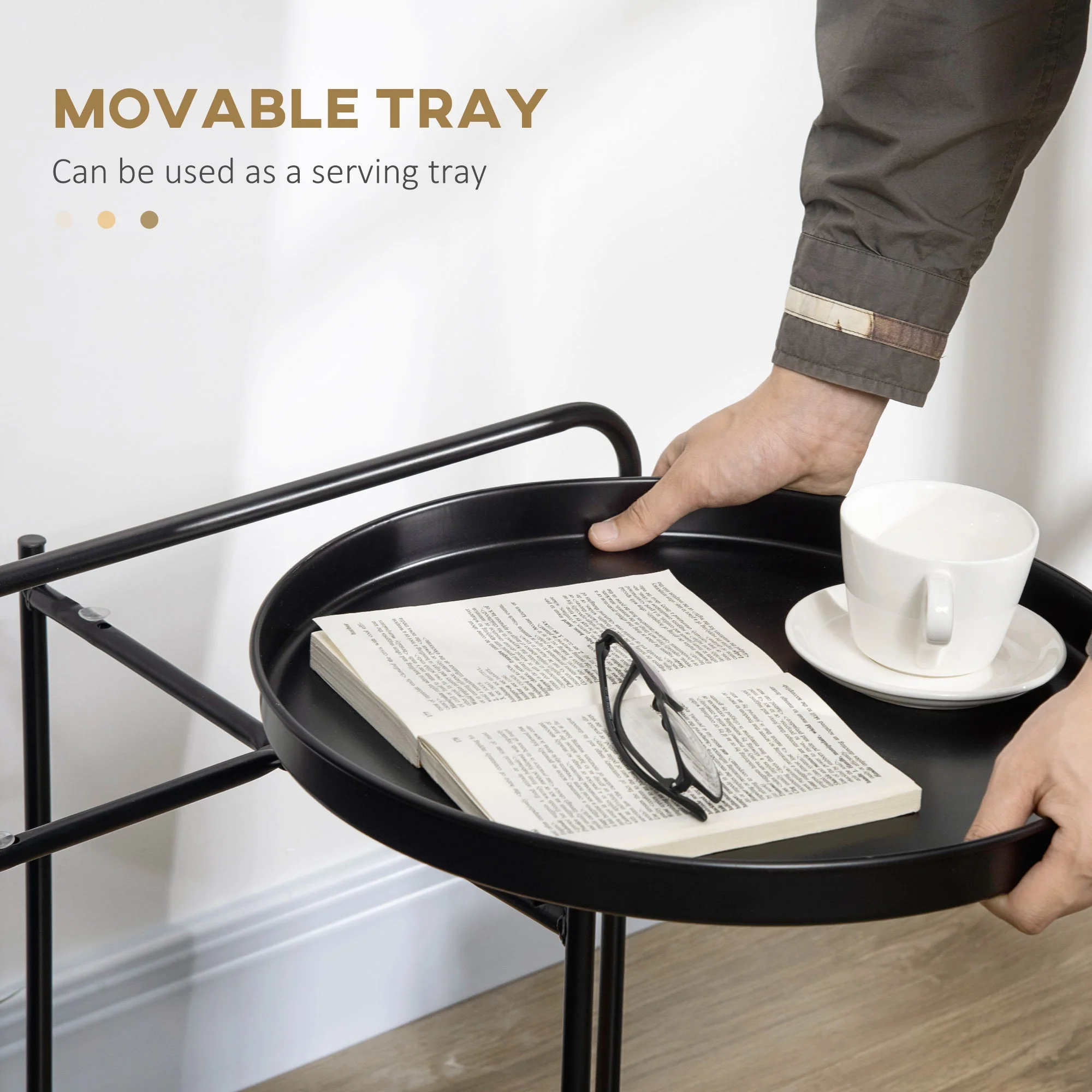 Homcom End Table 2-Tier Round Side Table With Detachable Tray & Plastic Rattan Shelf - Image 5