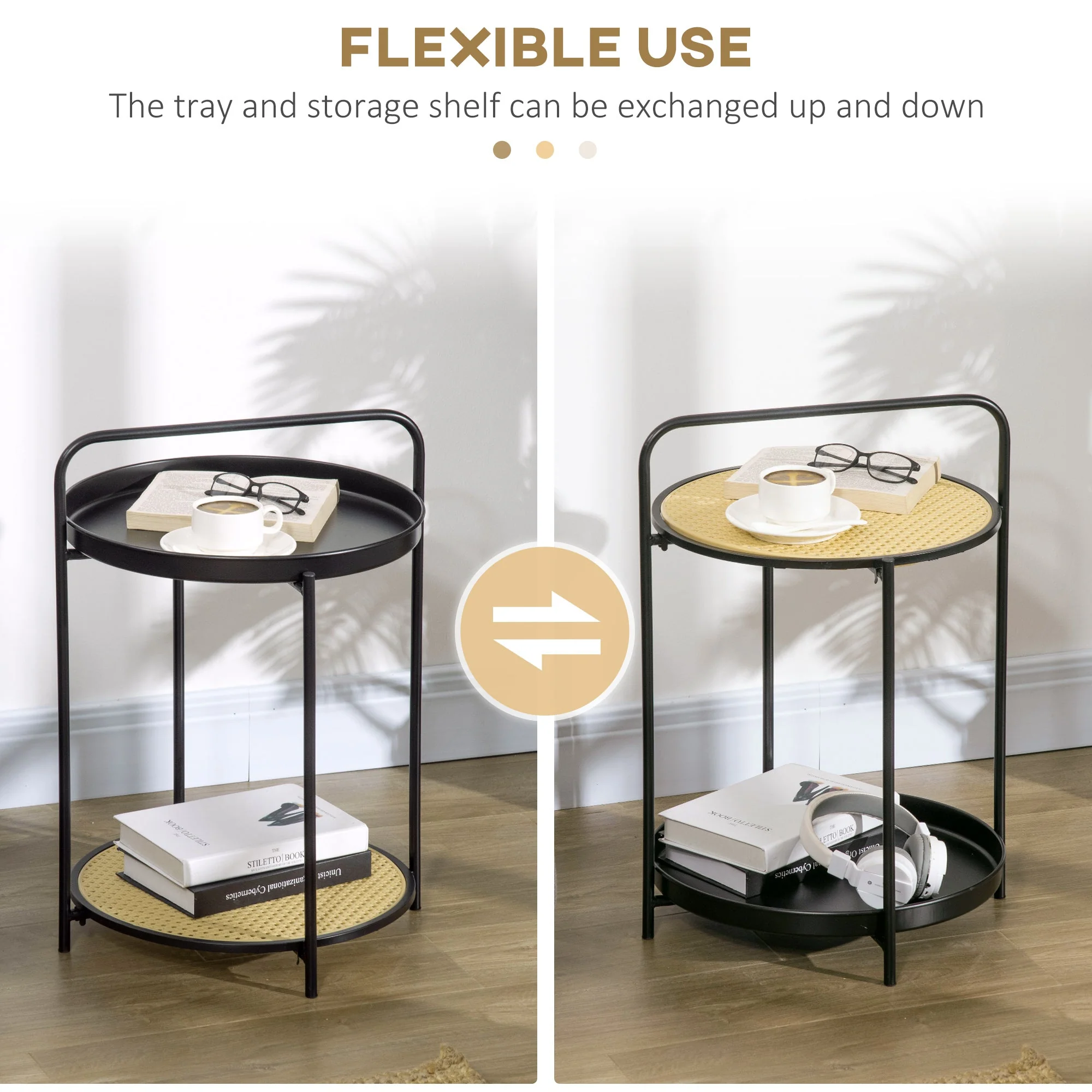 Homcom End Table 2-Tier Round Side Table With Detachable Tray & Plastic Rattan Shelf - Image 6