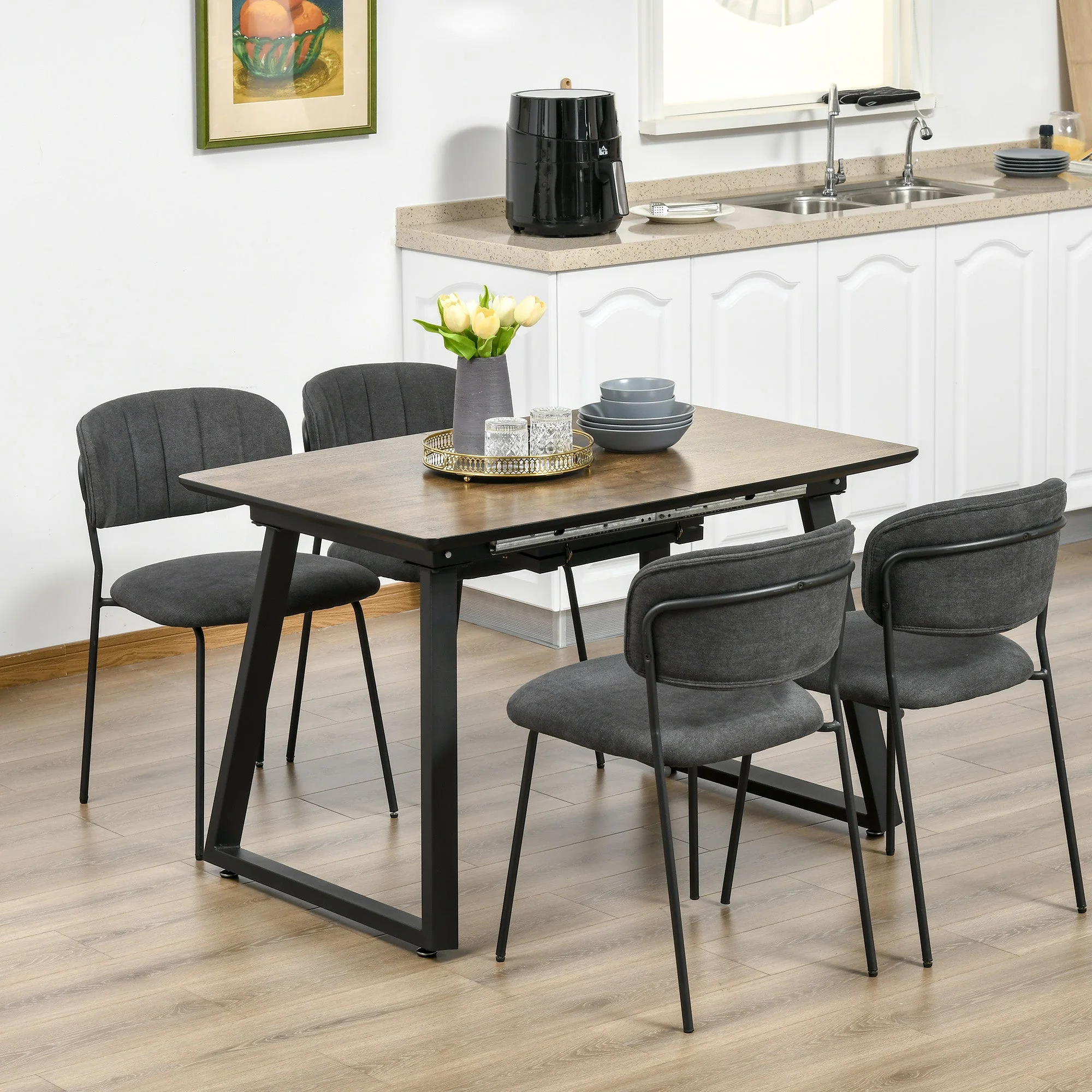 Homcom Extendable Dining Table Rectangular Wood Effect Tabletop For 4-6 People With Steel Frame & Hidden Leaves For Kitchen - Image 2