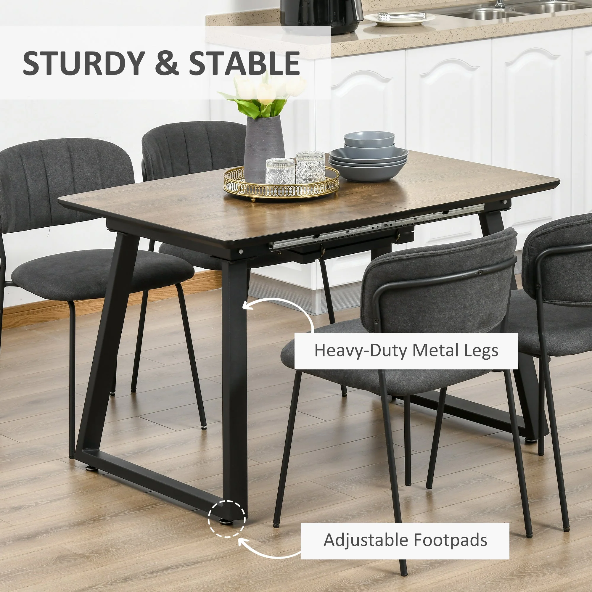 Homcom Extendable Dining Table Rectangular Wood Effect Tabletop For 4-6 People With Steel Frame & Hidden Leaves For Kitchen - Image 5