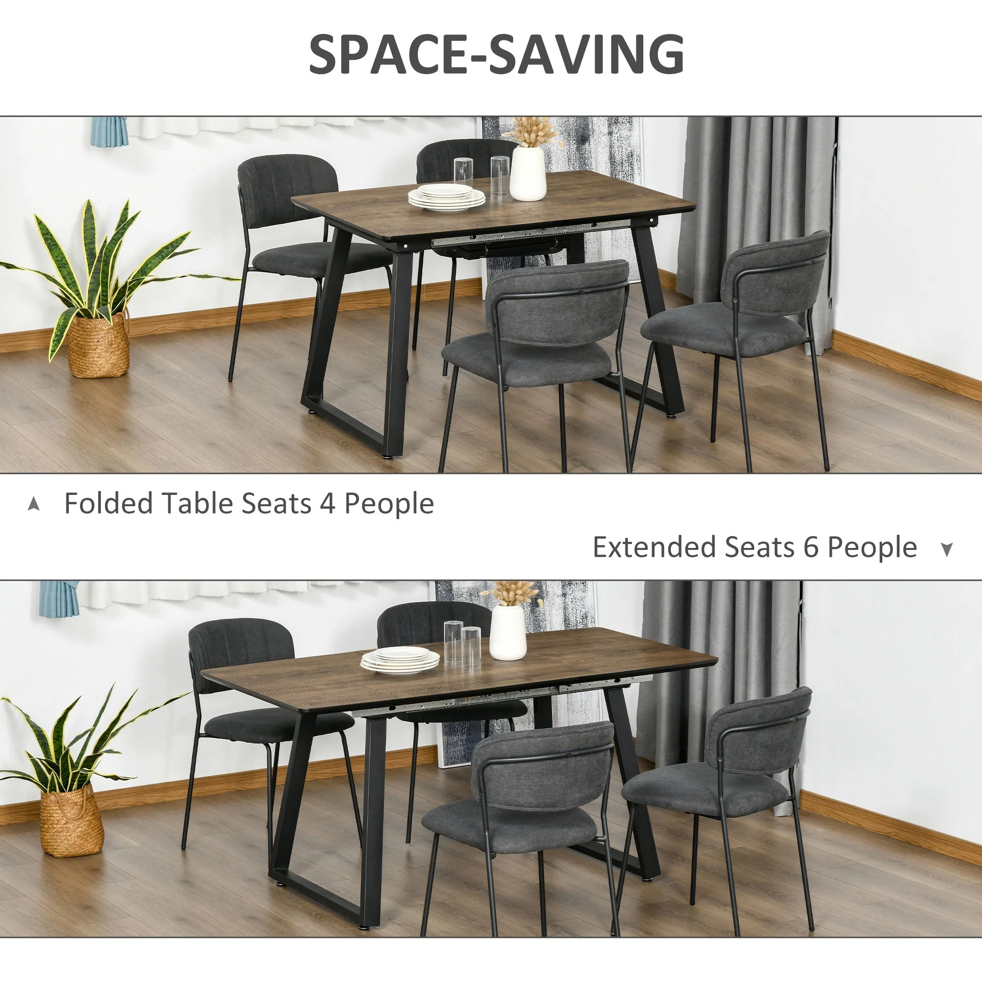 Homcom Extendable Dining Table Rectangular Wood Effect Tabletop For 4-6 People With Steel Frame & Hidden Leaves For Kitchen - Image 6