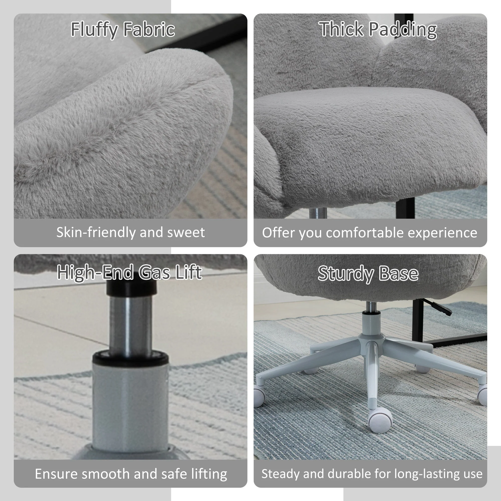 Homcom Fluffy Leisure Chair Office Chair With Backrest And Armrest For Home Bedroom Living Room With Wheels Grey - Image 6