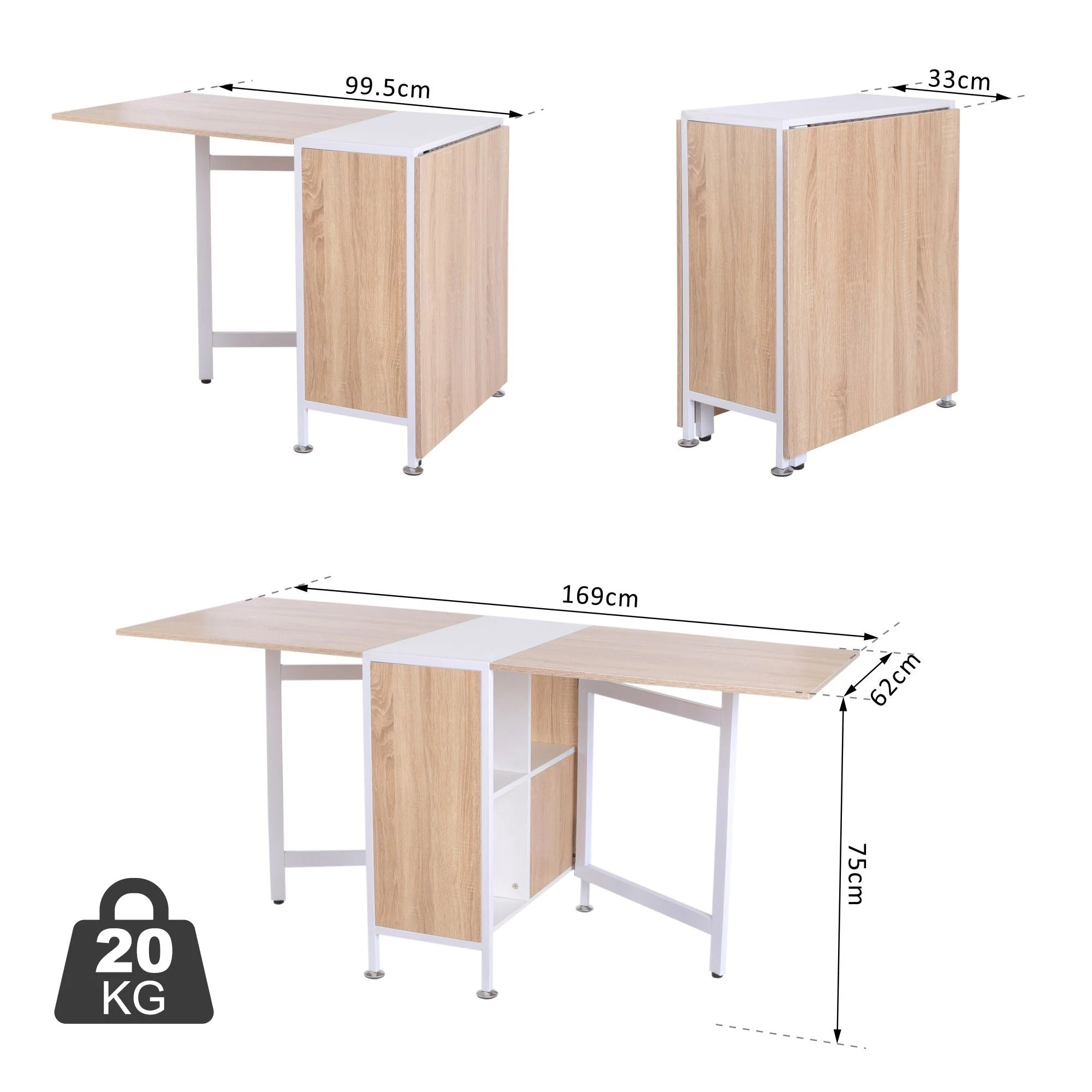 Homcom Foldable Drop Leaf Dining Table Folding Workstation For Small Space With Storage Shelves Cubes Oak & White - Image 3