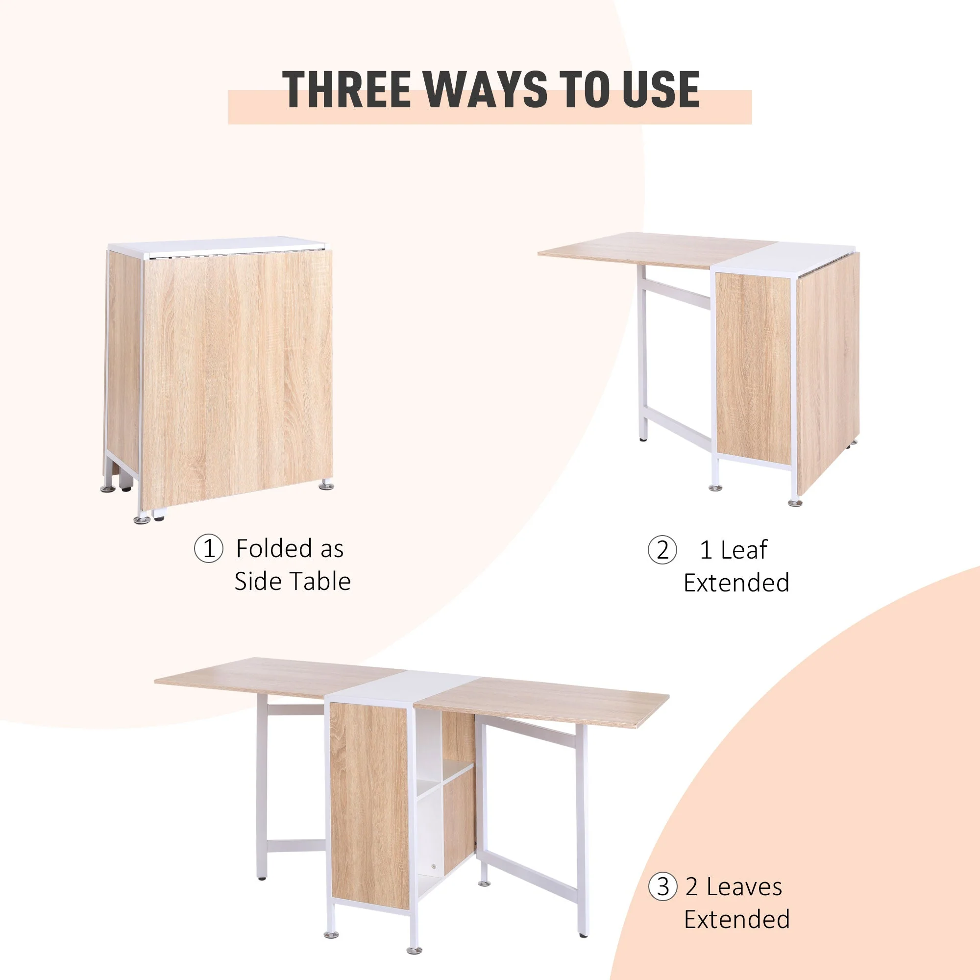 Homcom Foldable Drop Leaf Dining Table Folding Workstation For Small Space With Storage Shelves Cubes Oak & White - Image 4