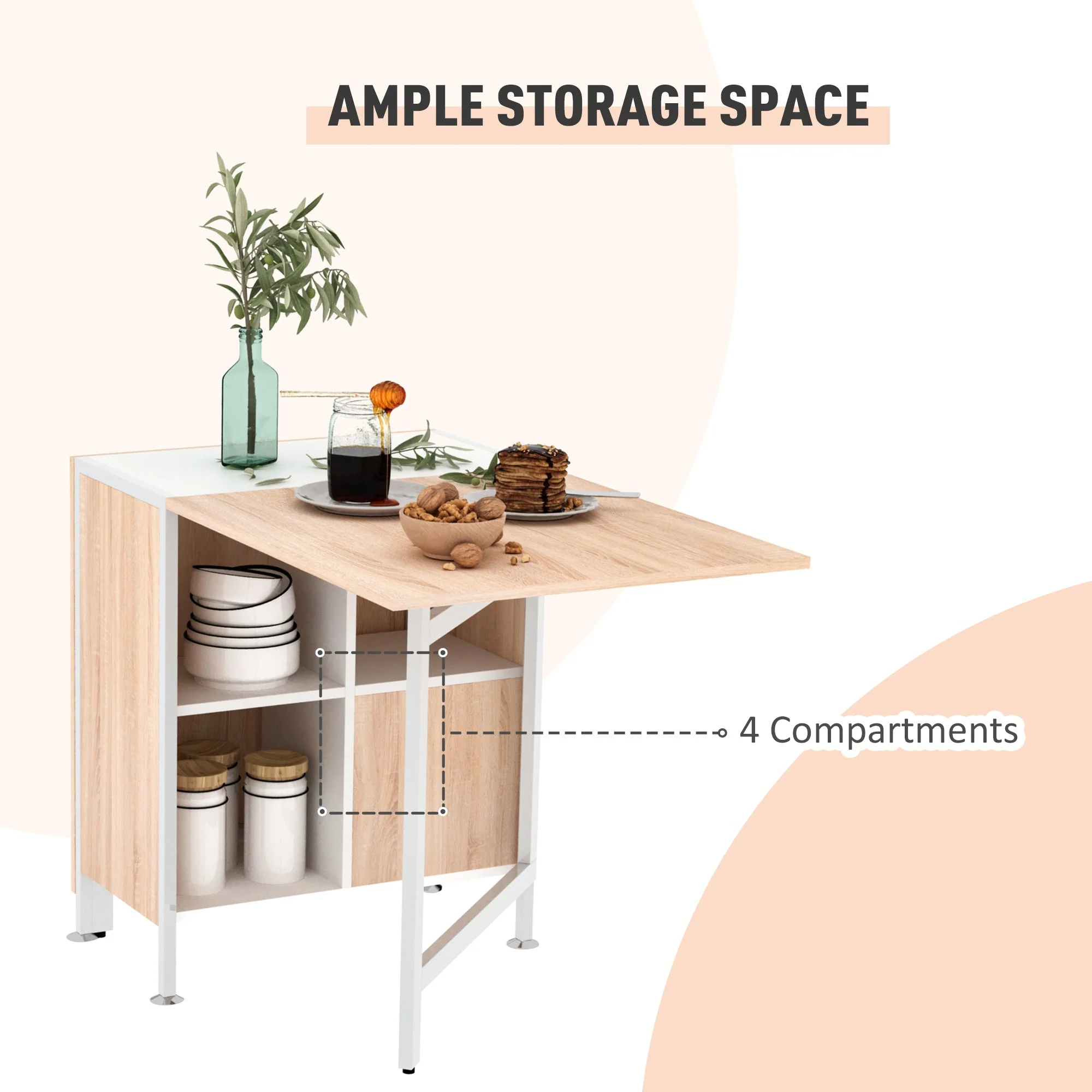 Homcom Foldable Drop Leaf Dining Table Folding Workstation For Small Space With Storage Shelves Cubes Oak & White - Image 5