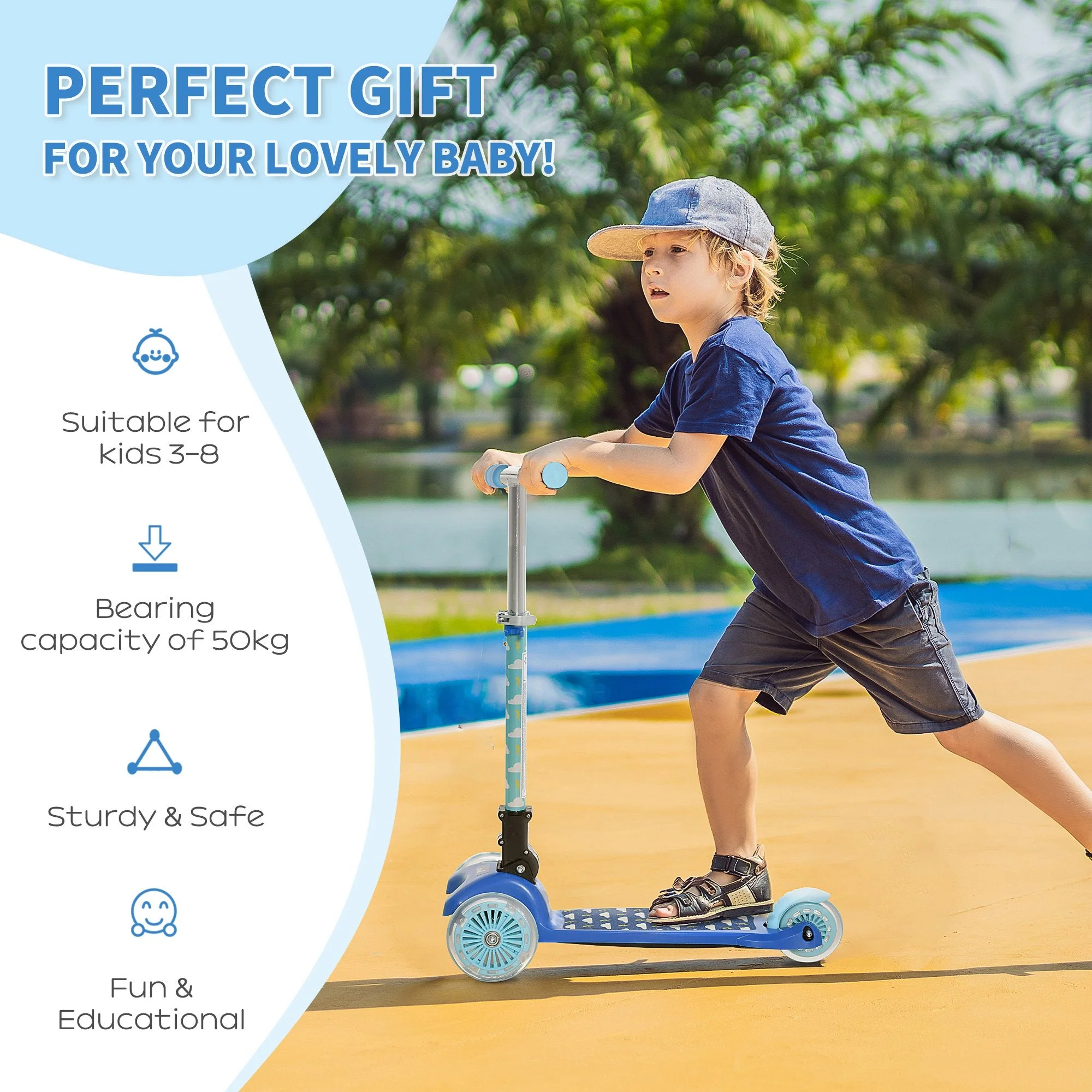 Homcom Foldable Scooter for Kids with 3 Wheel Adjustable Height Flashing Wheels - Image 4