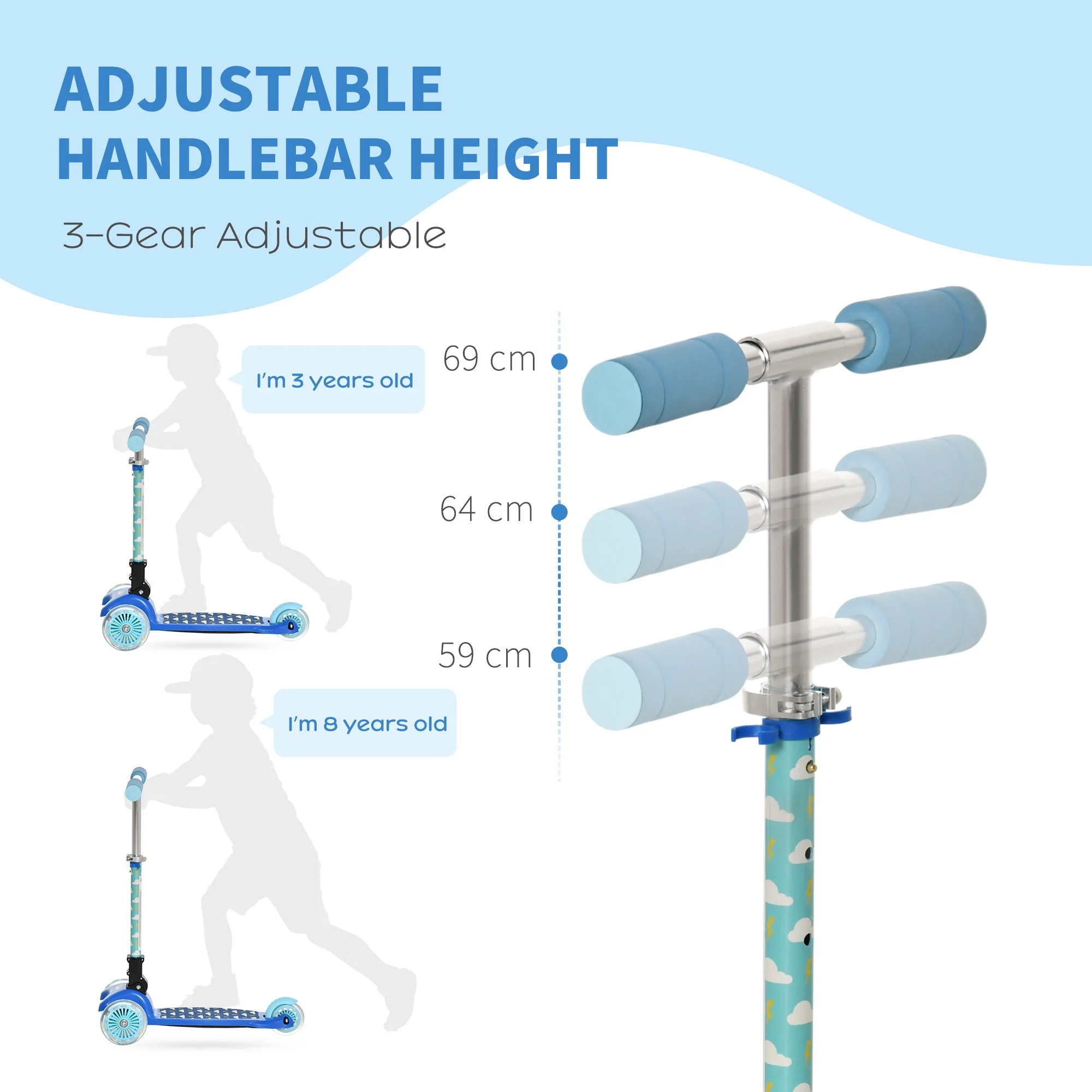 Homcom Foldable Scooter for Kids with 3 Wheel Adjustable Height Flashing Wheels - Image 6