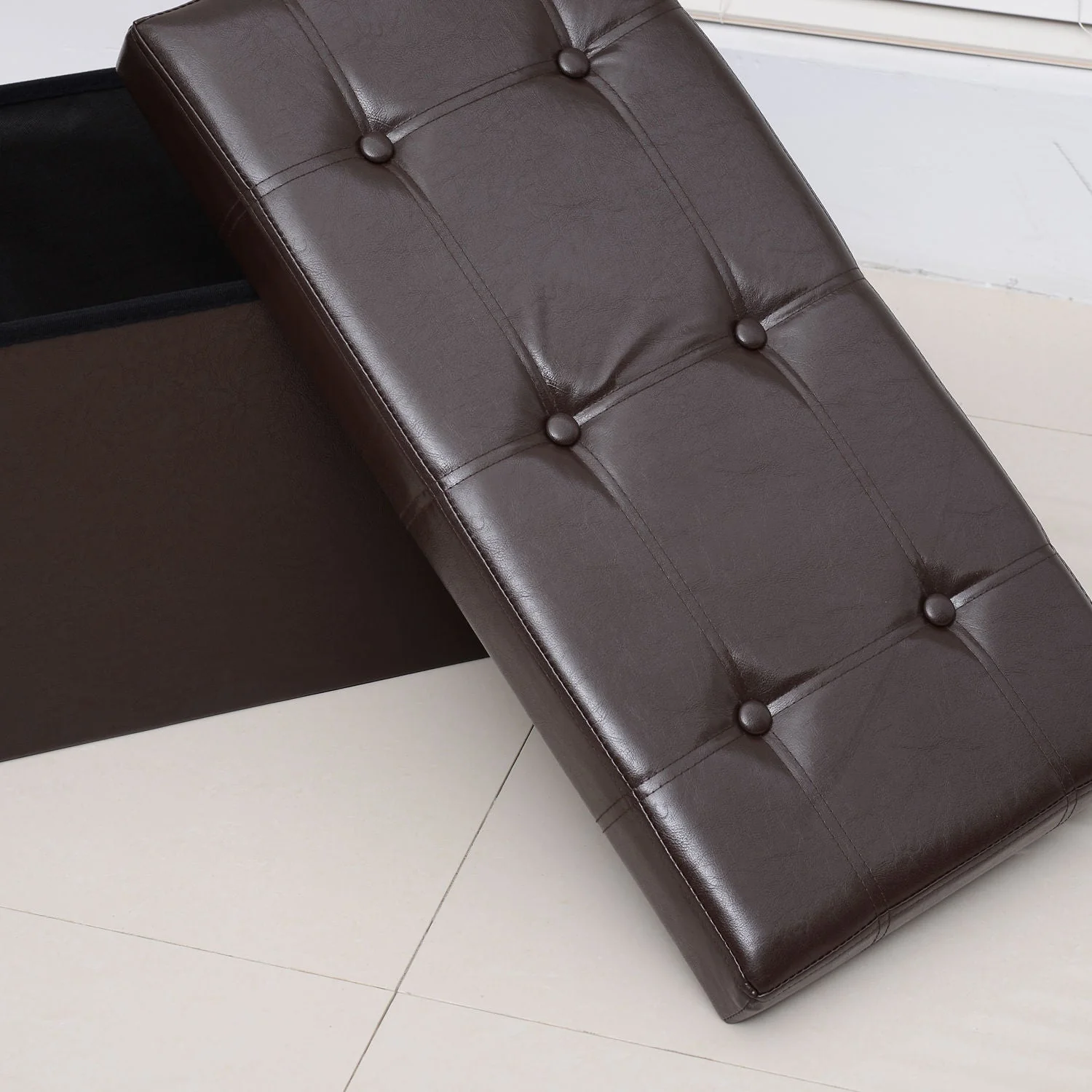 Homcom Folding Faux Leather Storage Cube Ottoman Bench Seat PU Rectangular Footrest Stool Box (Brown) - Image 9