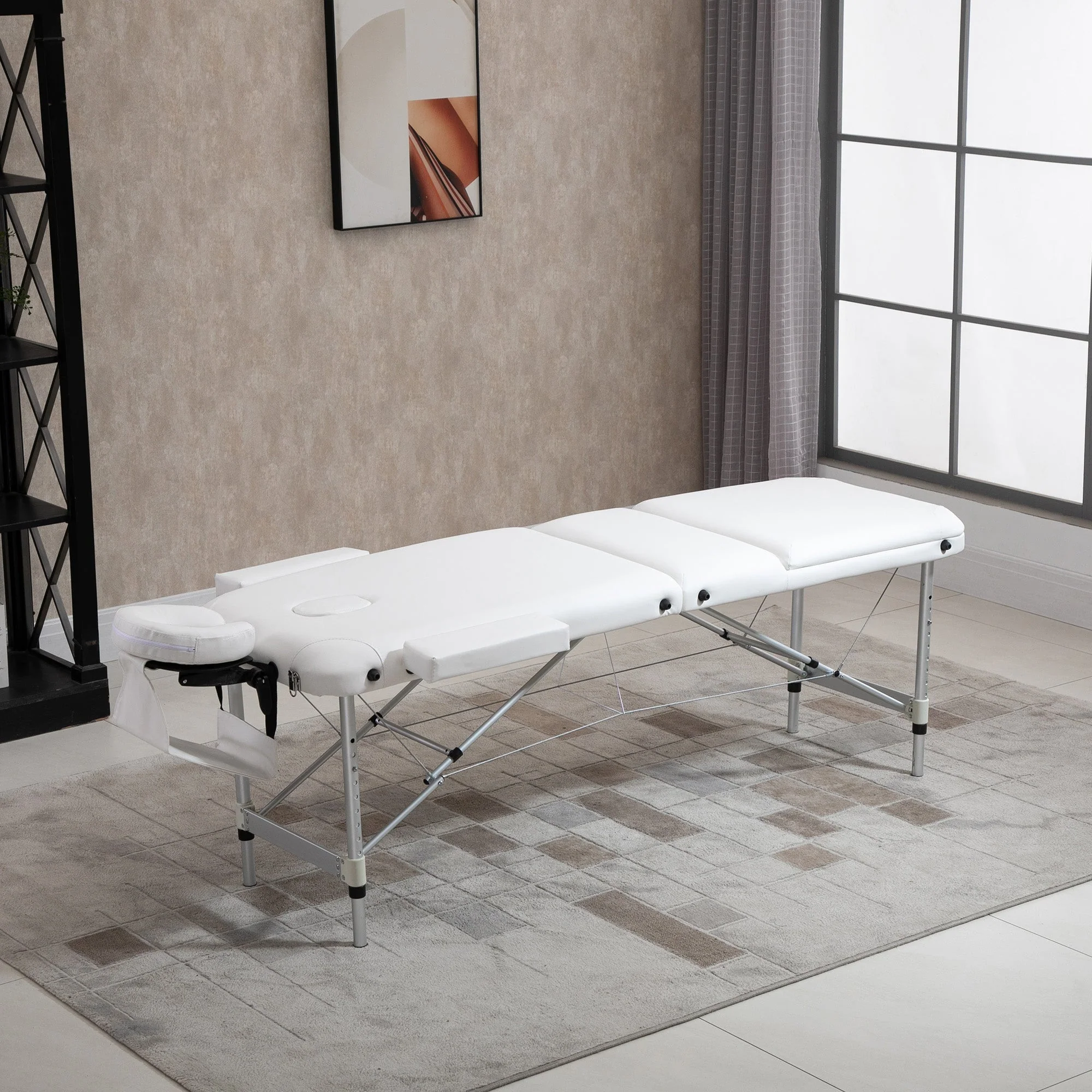 Homcom Folding PVC Leather Massage Table Aluminium Frame w/ Headrest Armrests Padding Handle Carry Bag Adjustable Height 3-Way Tri-Fold Salon Professional Bed Beauty White - Image 2