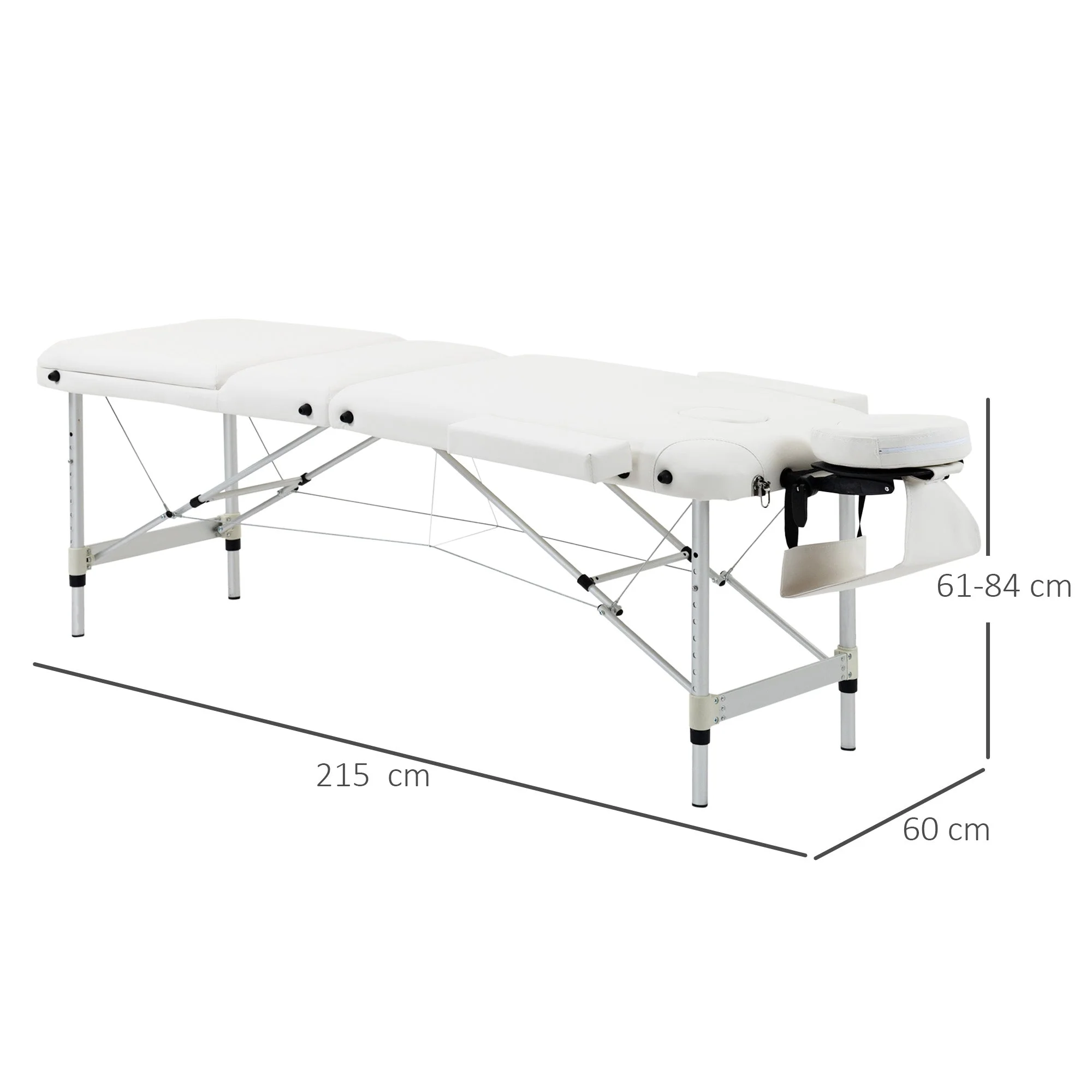 Homcom Folding PVC Leather Massage Table Aluminium Frame w/ Headrest Armrests Padding Handle Carry Bag Adjustable Height 3-Way Tri-Fold Salon Professional Bed Beauty White - Image 3