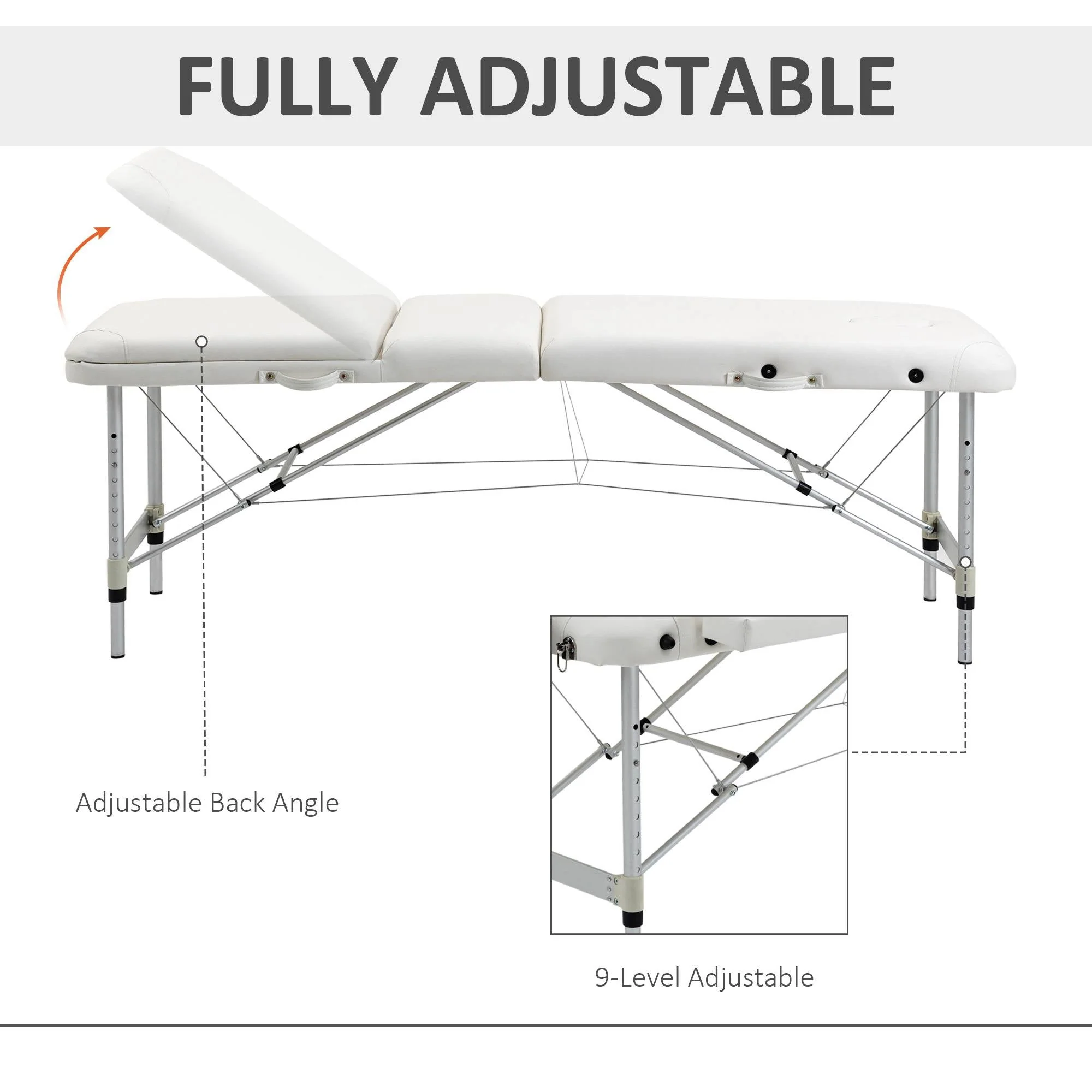 Homcom Folding PVC Leather Massage Table Aluminium Frame w/ Headrest Armrests Padding Handle Carry Bag Adjustable Height 3-Way Tri-Fold Salon Professional Bed Beauty White - Image 5