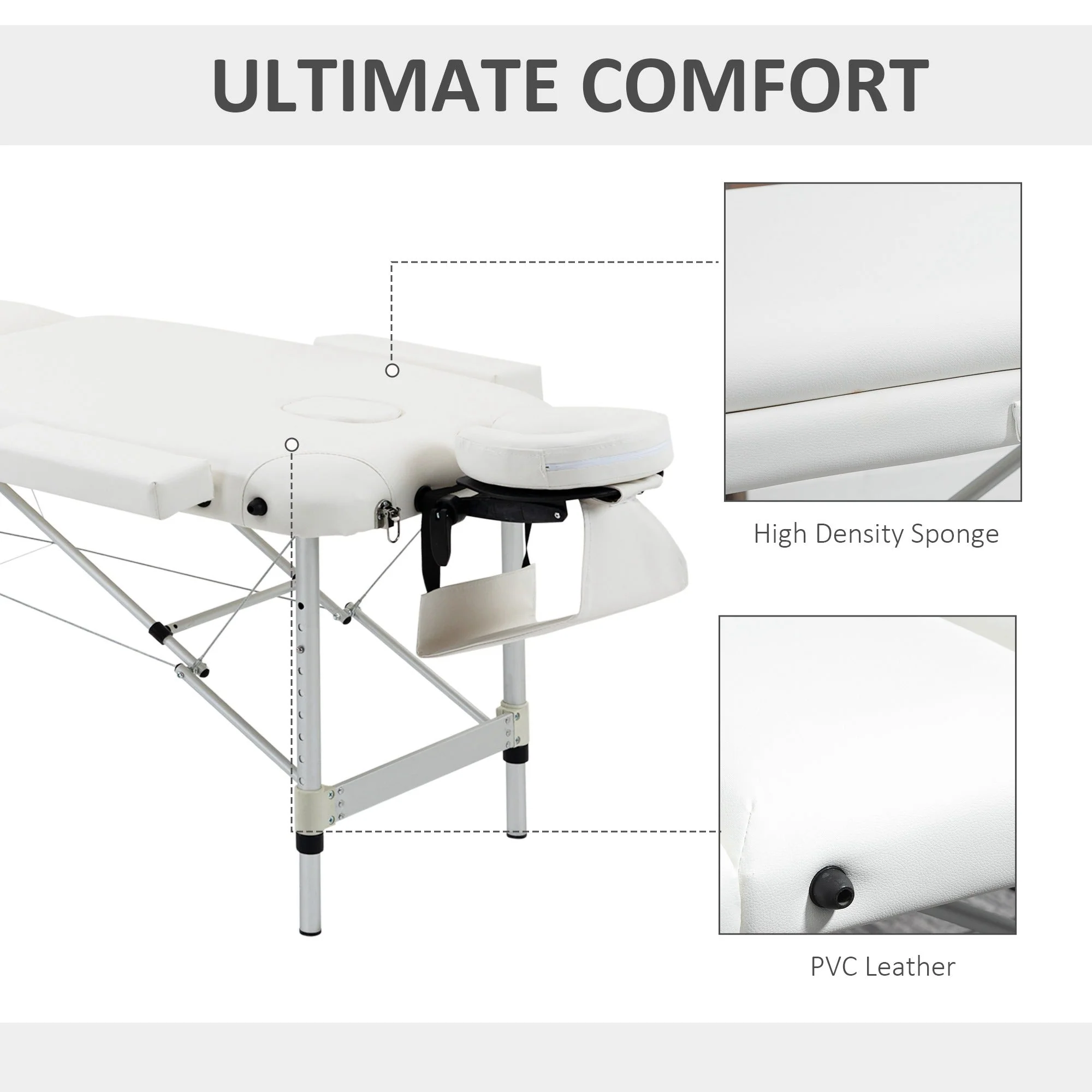 Homcom Folding PVC Leather Massage Table Aluminium Frame w/ Headrest Armrests Padding Handle Carry Bag Adjustable Height 3-Way Tri-Fold Salon Professional Bed Beauty White - Image 6