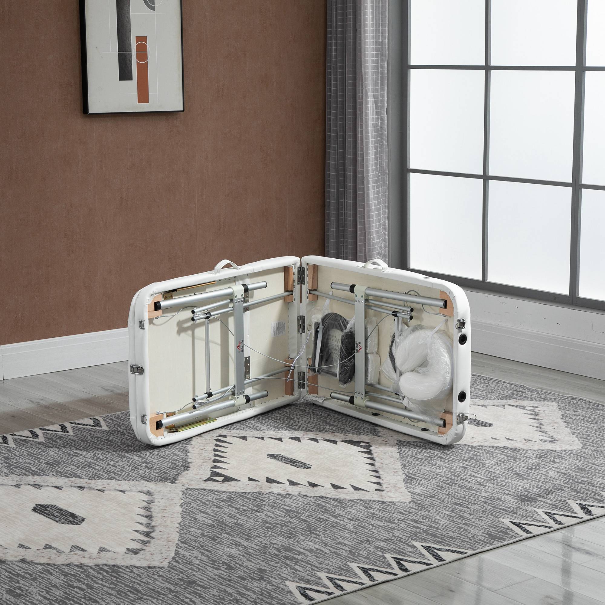 Homcom Folding PVC Leather Massage Table Aluminium Frame w/ Headrest Armrests Padding Handle Carry Bag Adjustable Height 3-Way Tri-Fold Salon Professional Bed Beauty White - Image 9