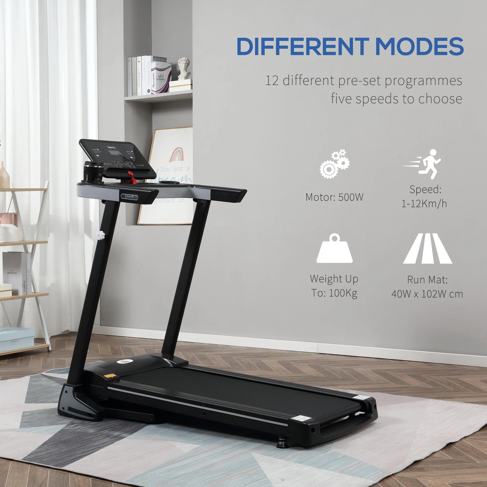 Homcom Folding Treadmill for Home Motorised Running Machine w/ LCD Display Black - Image 3