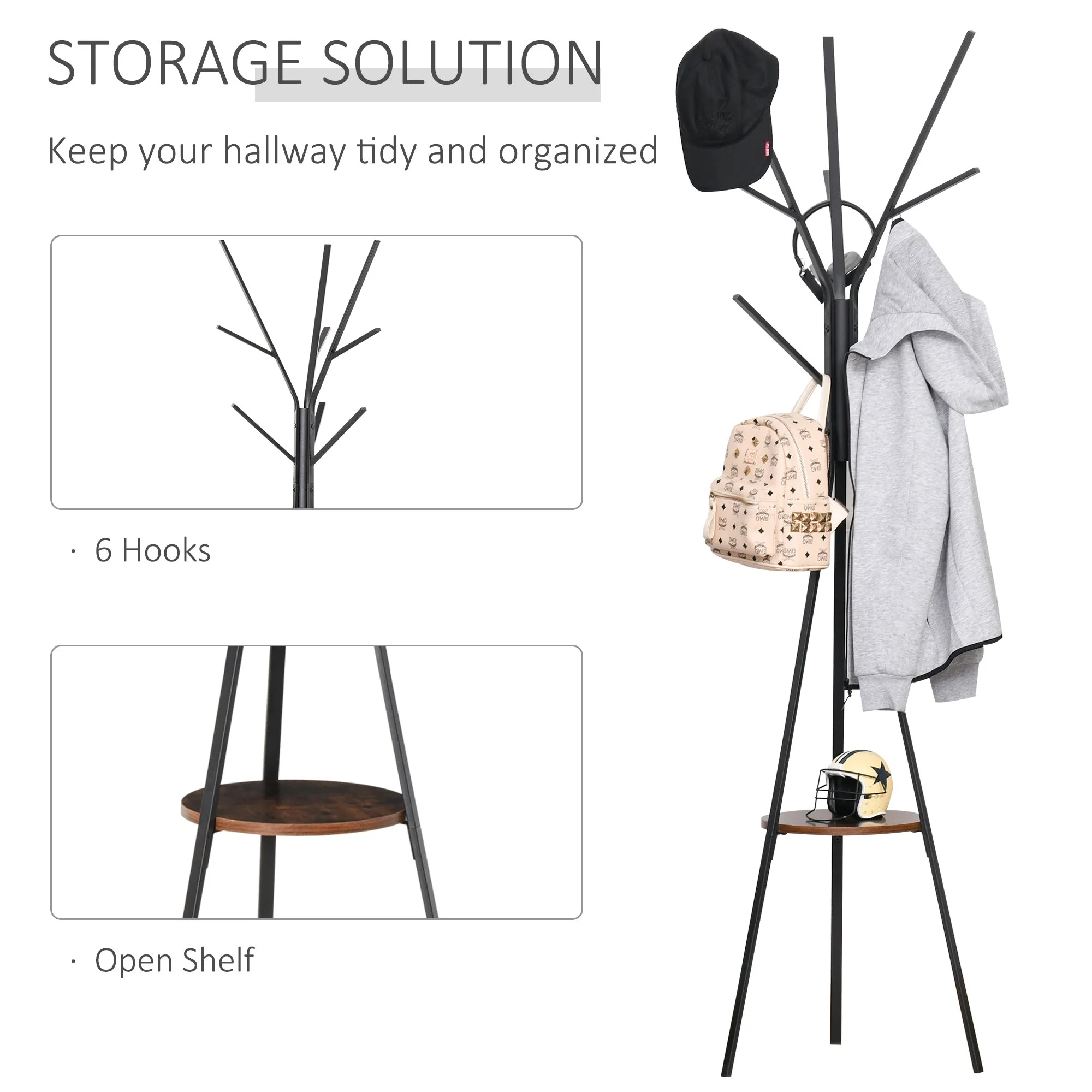 Homcom Free Standing Metal Coat Rack Stand 9 Hooks With Shelf In Brown - Image 4