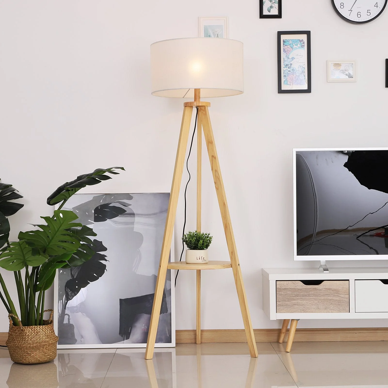 Homcom Free Standing Tripod Floor Lamp Bedside Light Reading Light With Storage Shelf Linen Shade For Living Room Bedroom - Image 2