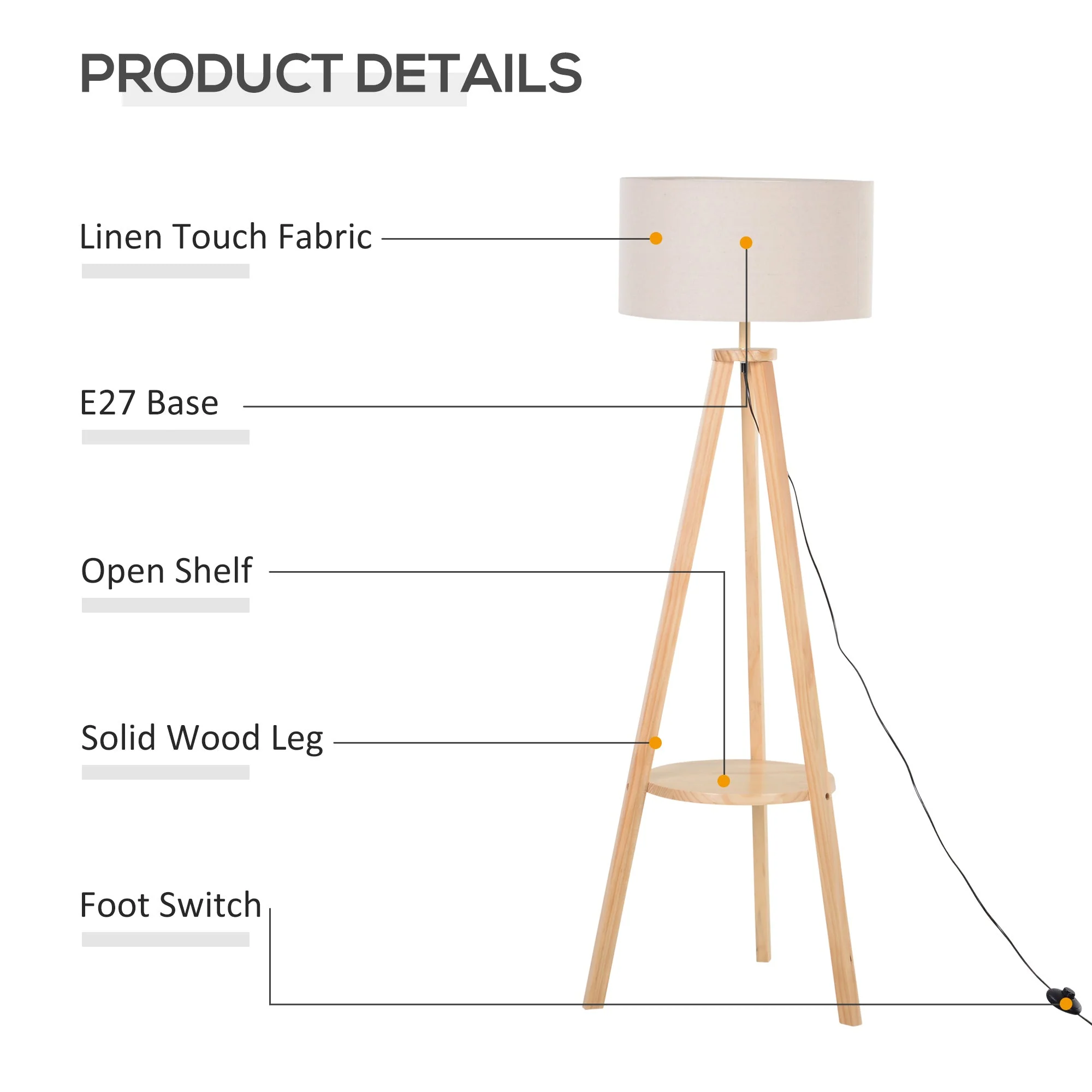 Homcom Free Standing Tripod Floor Lamp Bedside Light Reading Light With Storage Shelf Linen Shade For Living Room Bedroom - Image 4