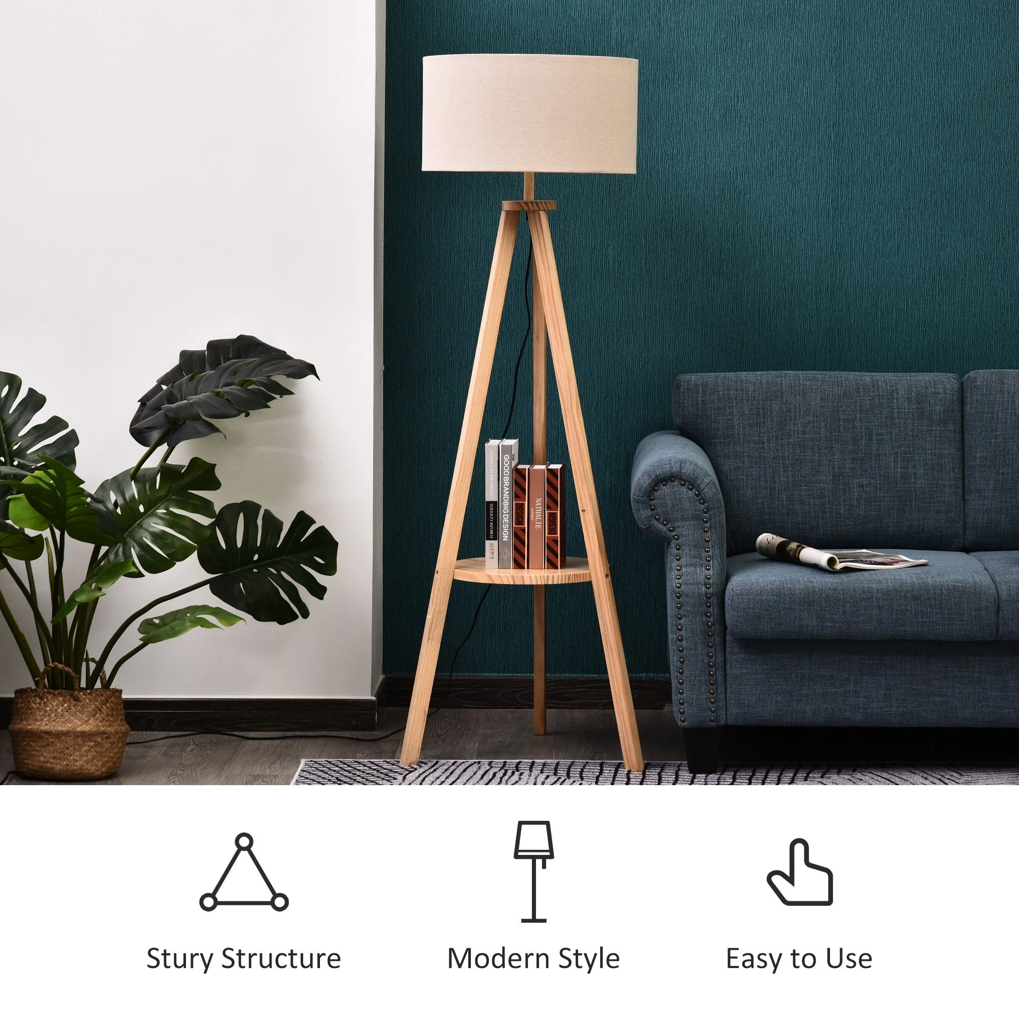 Homcom Free Standing Tripod Floor Lamp Bedside Light Reading Light With Storage Shelf Linen Shade For Living Room Bedroom - Image 5