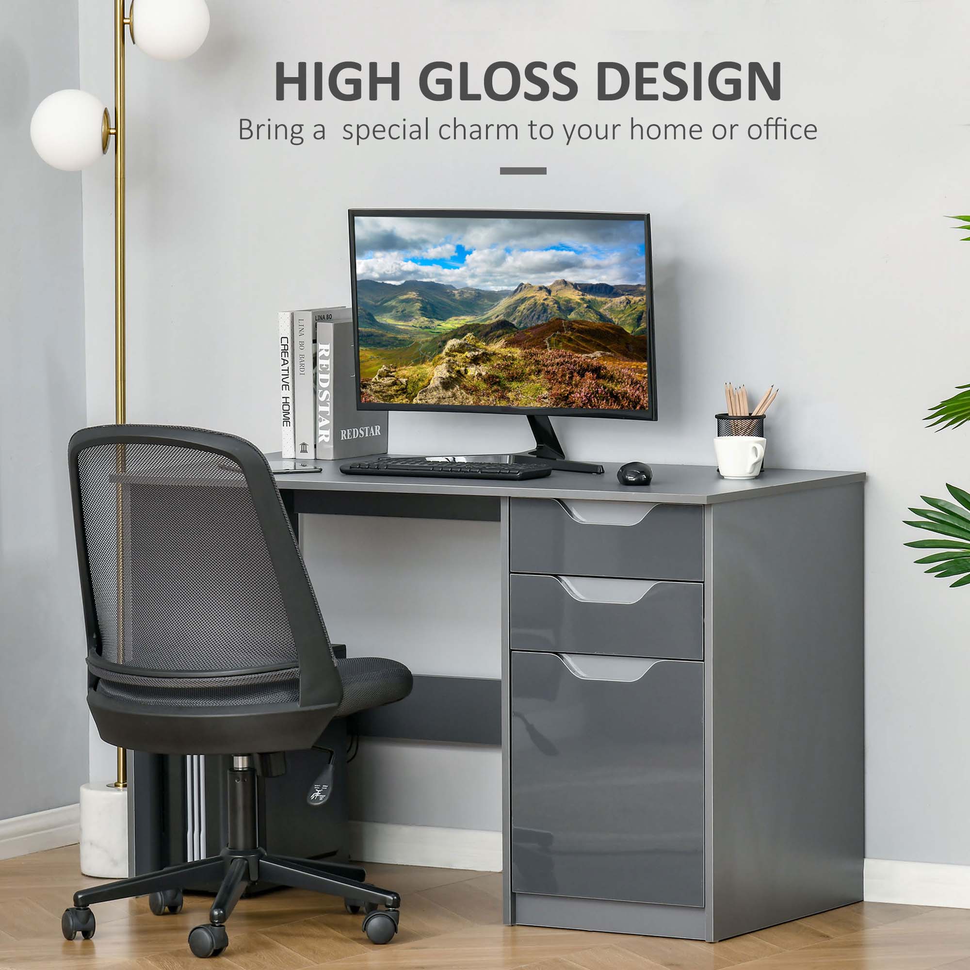 Homcom High Gloss Computer Desk with Drawers - Image 5