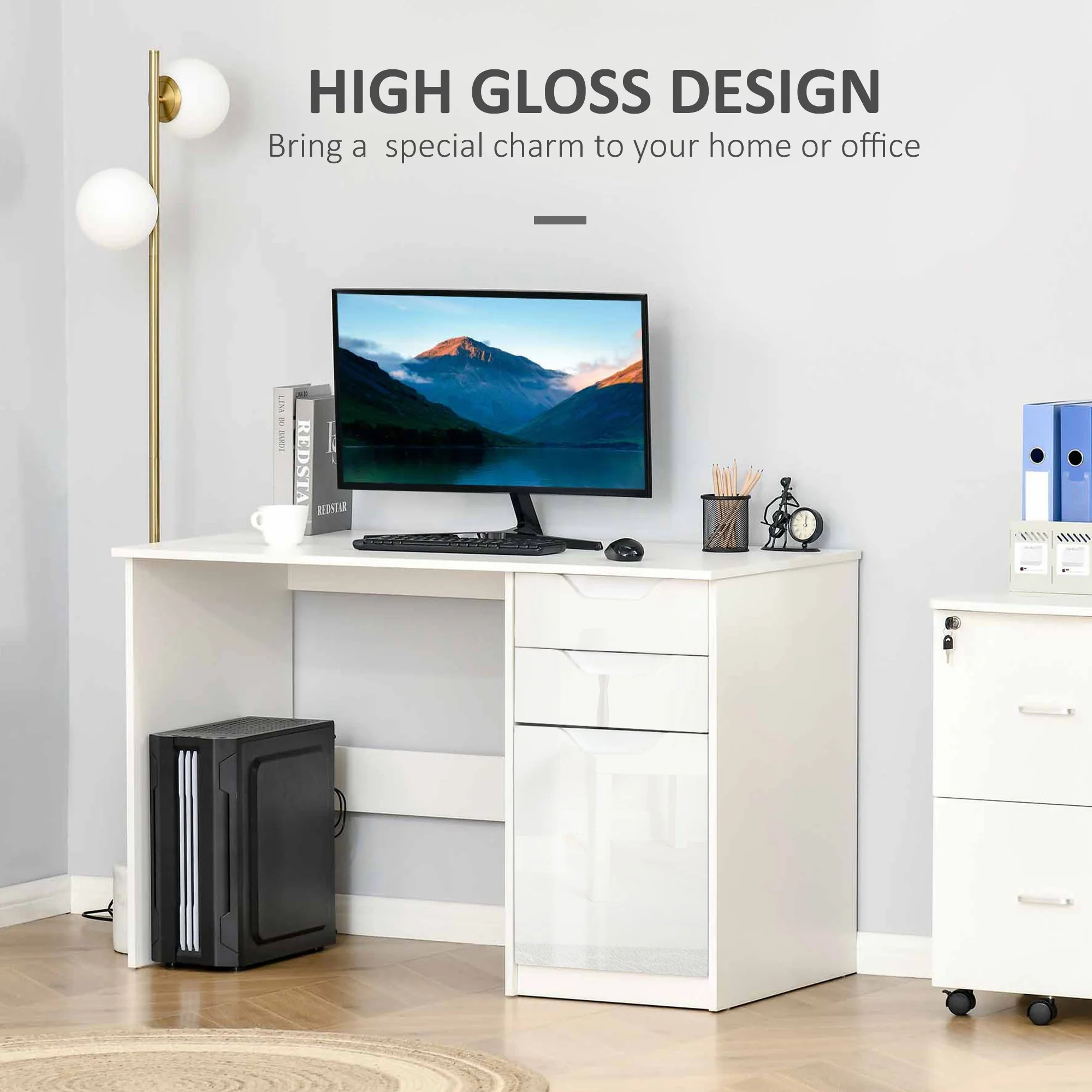 Homcom High Gloss Computer Desk with Drawers - Image 6