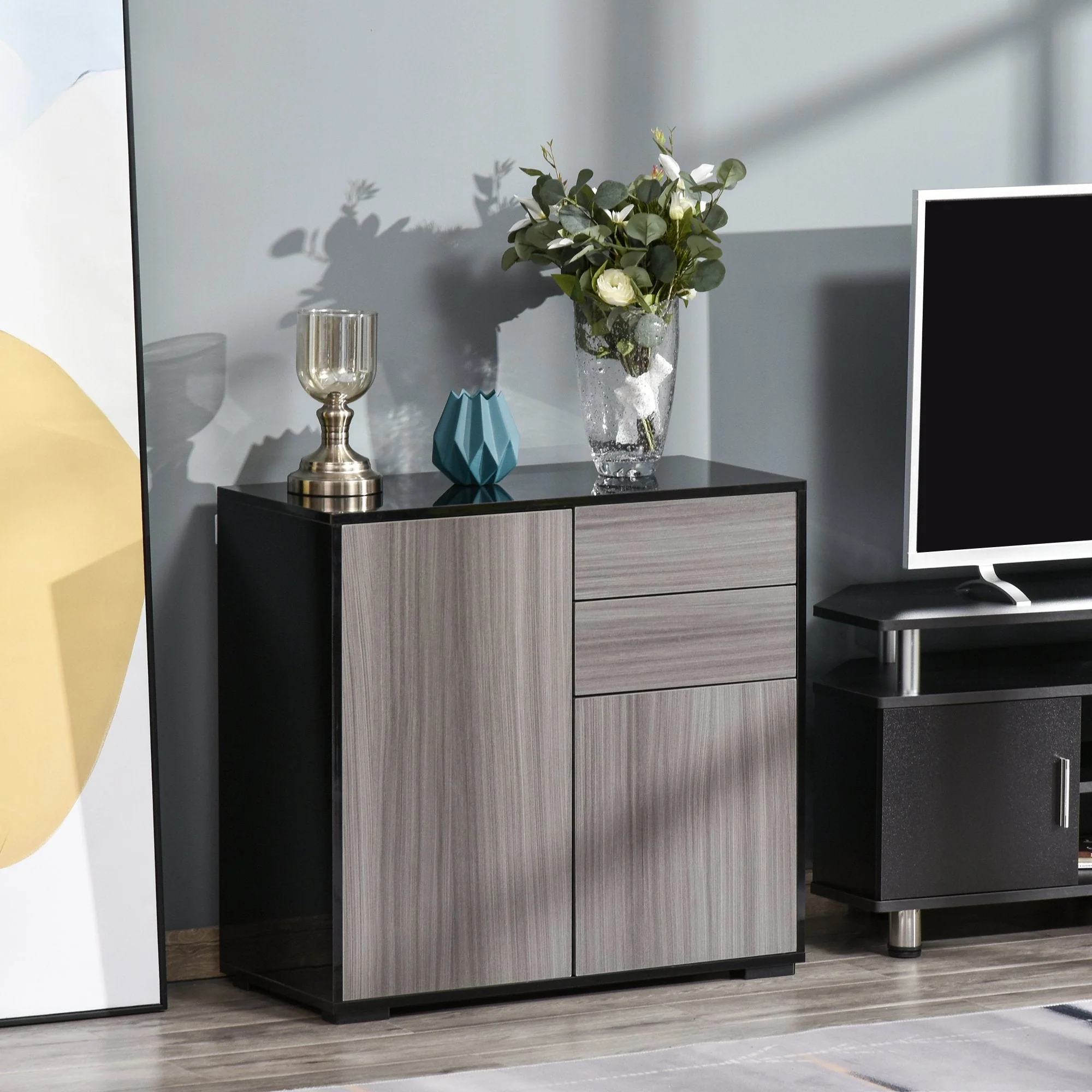 Homcom High Gloss Frame Sideboard Push-Open Design With 2 Drawer For Living Room Bedroom Light Grey And Black - Image 2