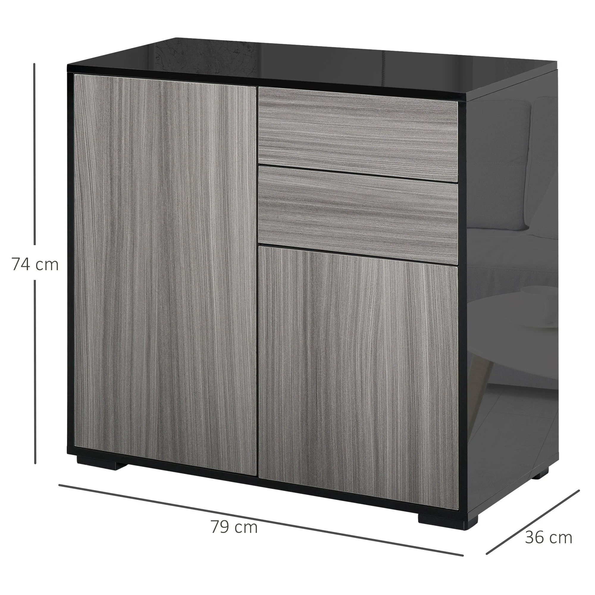 Homcom High Gloss Frame Sideboard Push-Open Design With 2 Drawer For Living Room Bedroom Light Grey And Black - Image 3