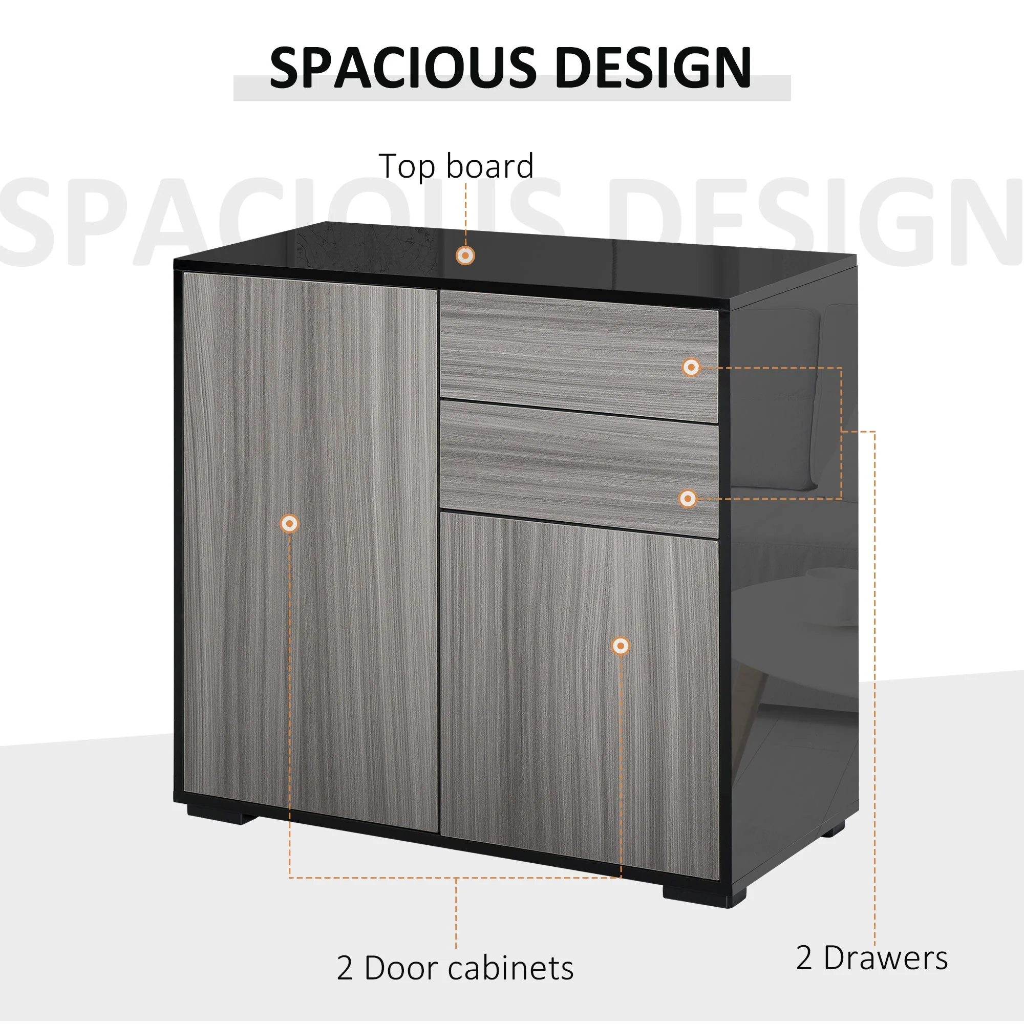 Homcom High Gloss Frame Sideboard Push-Open Design With 2 Drawer For Living Room Bedroom Light Grey And Black - Image 4