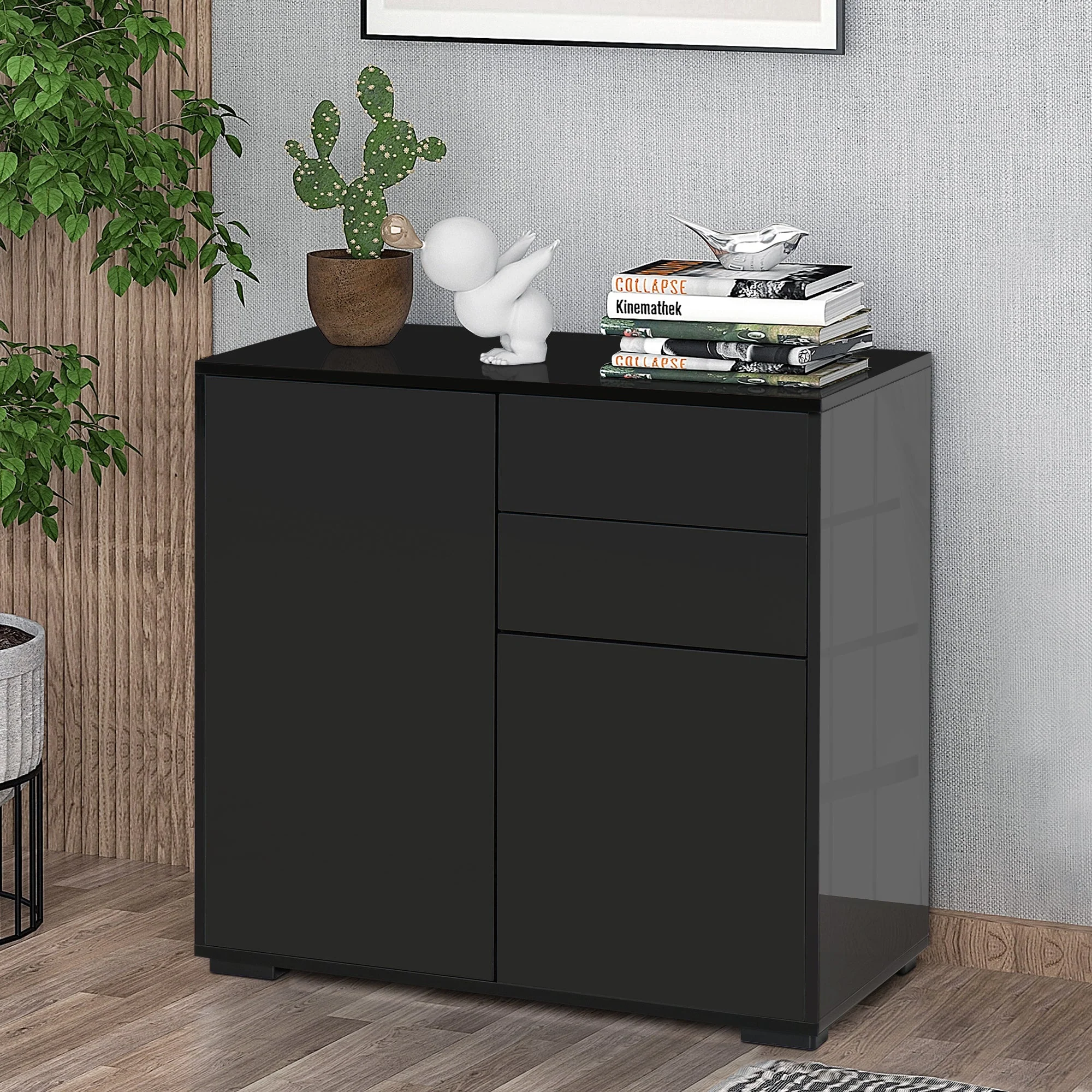 Homcom High Gloss Frame Sideboard Side Cabinet Push-Open Design With 2 Drawer For Living Room Bedroom Black - Image 2