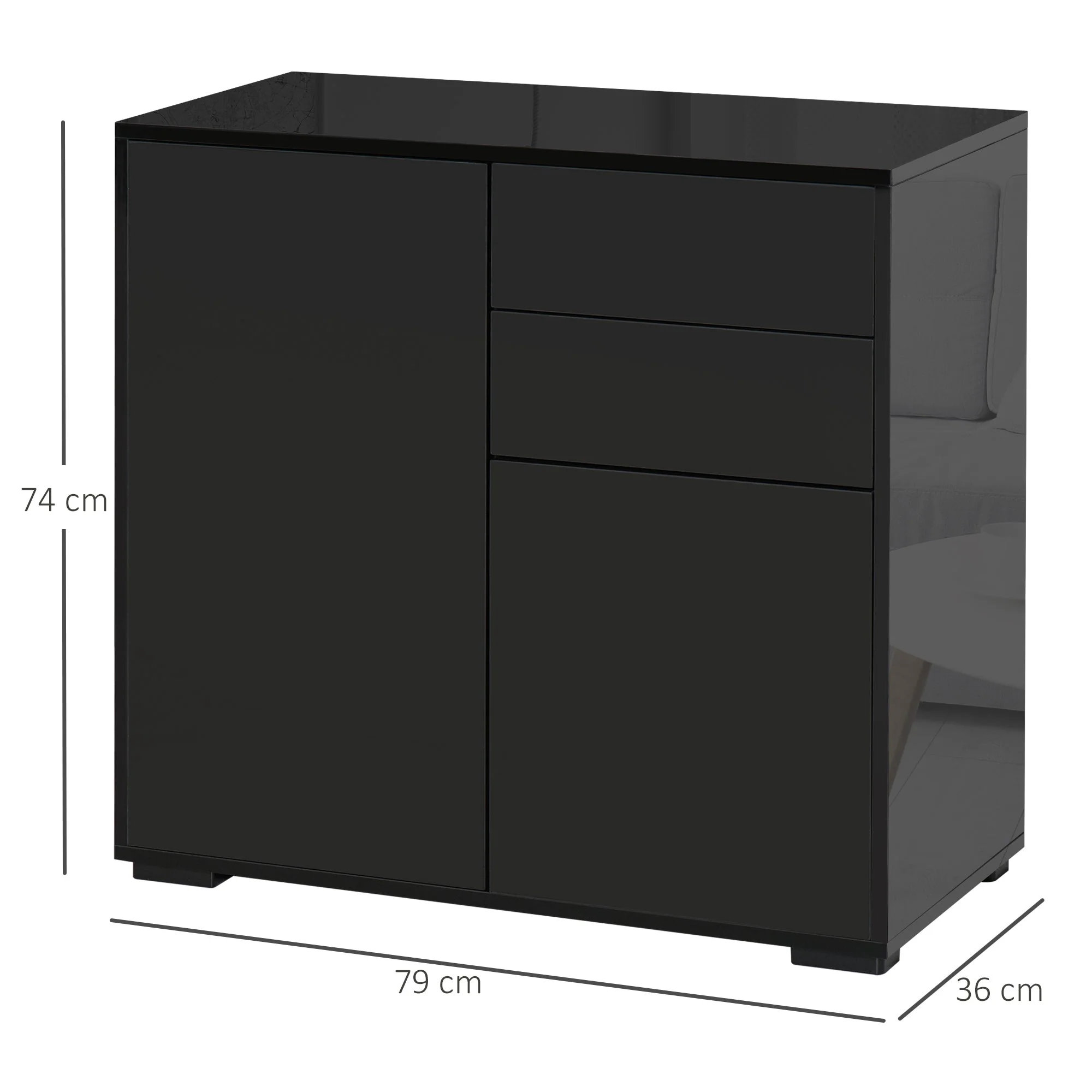 Homcom High Gloss Frame Sideboard Side Cabinet Push-Open Design With 2 Drawer For Living Room Bedroom Black - Image 3