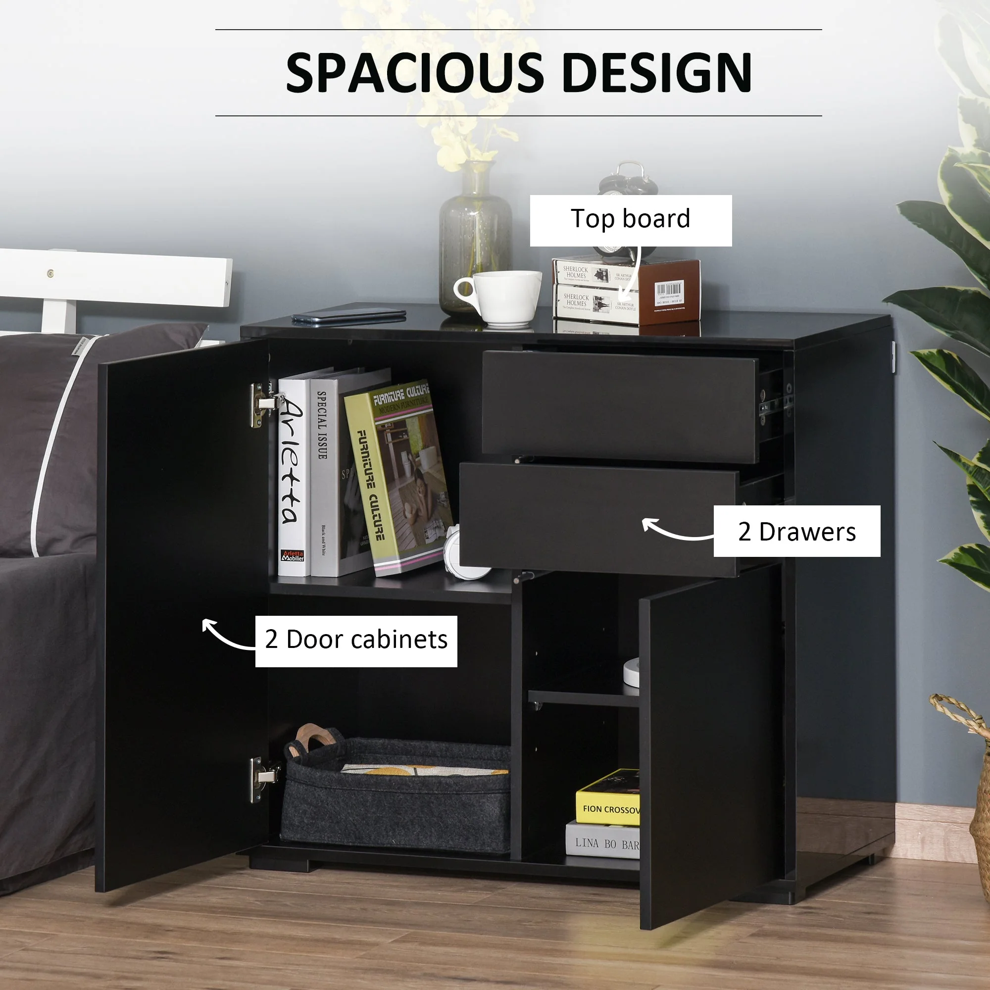 Homcom High Gloss Frame Sideboard Side Cabinet Push-Open Design With 2 Drawer For Living Room Bedroom Black - Image 4